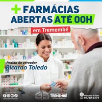 Indicação de abertura de farmácias até meia-noite em Tremembé