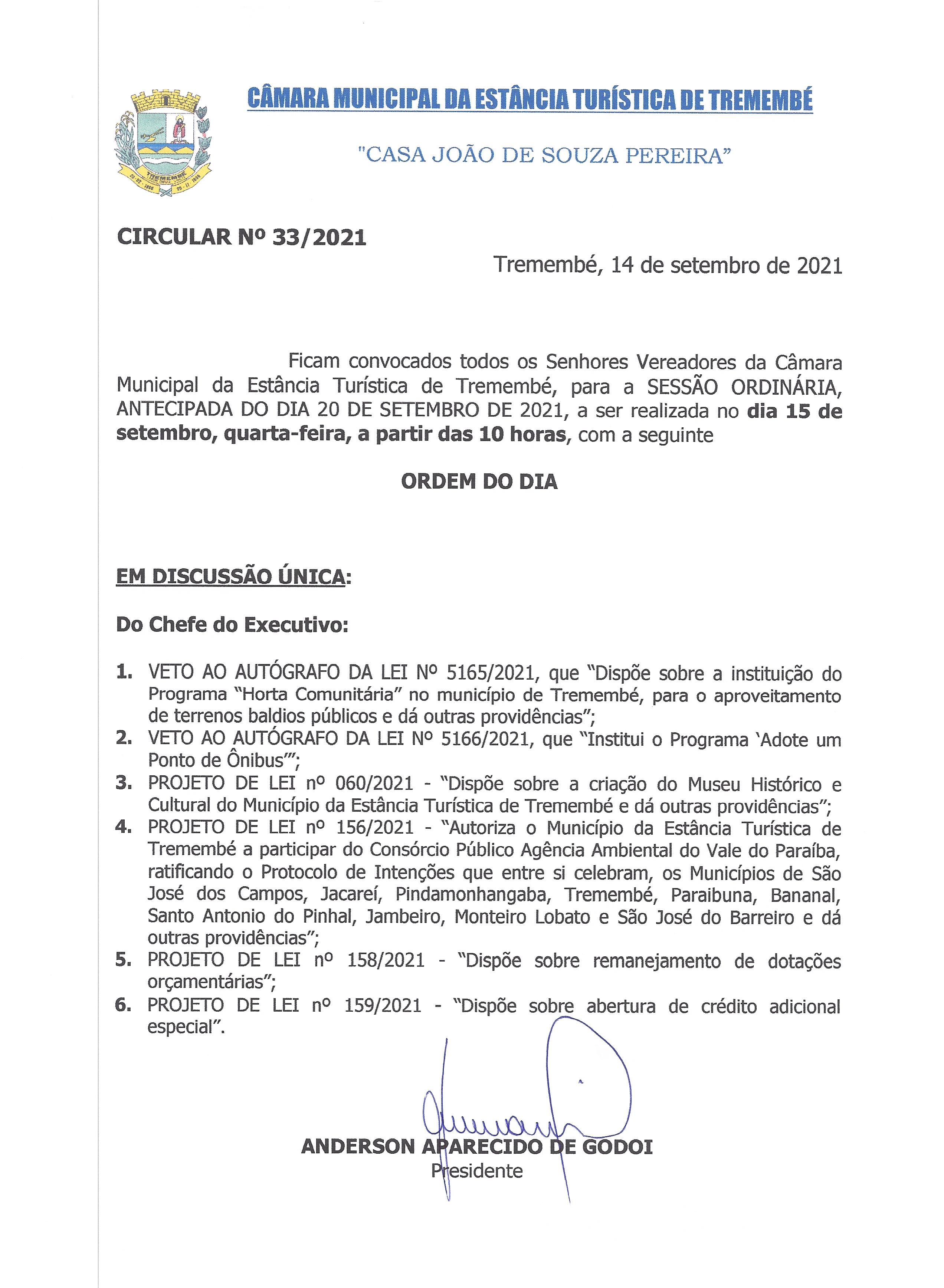 Pauta da 30ª Sessão Ordinária - 15-09-2021