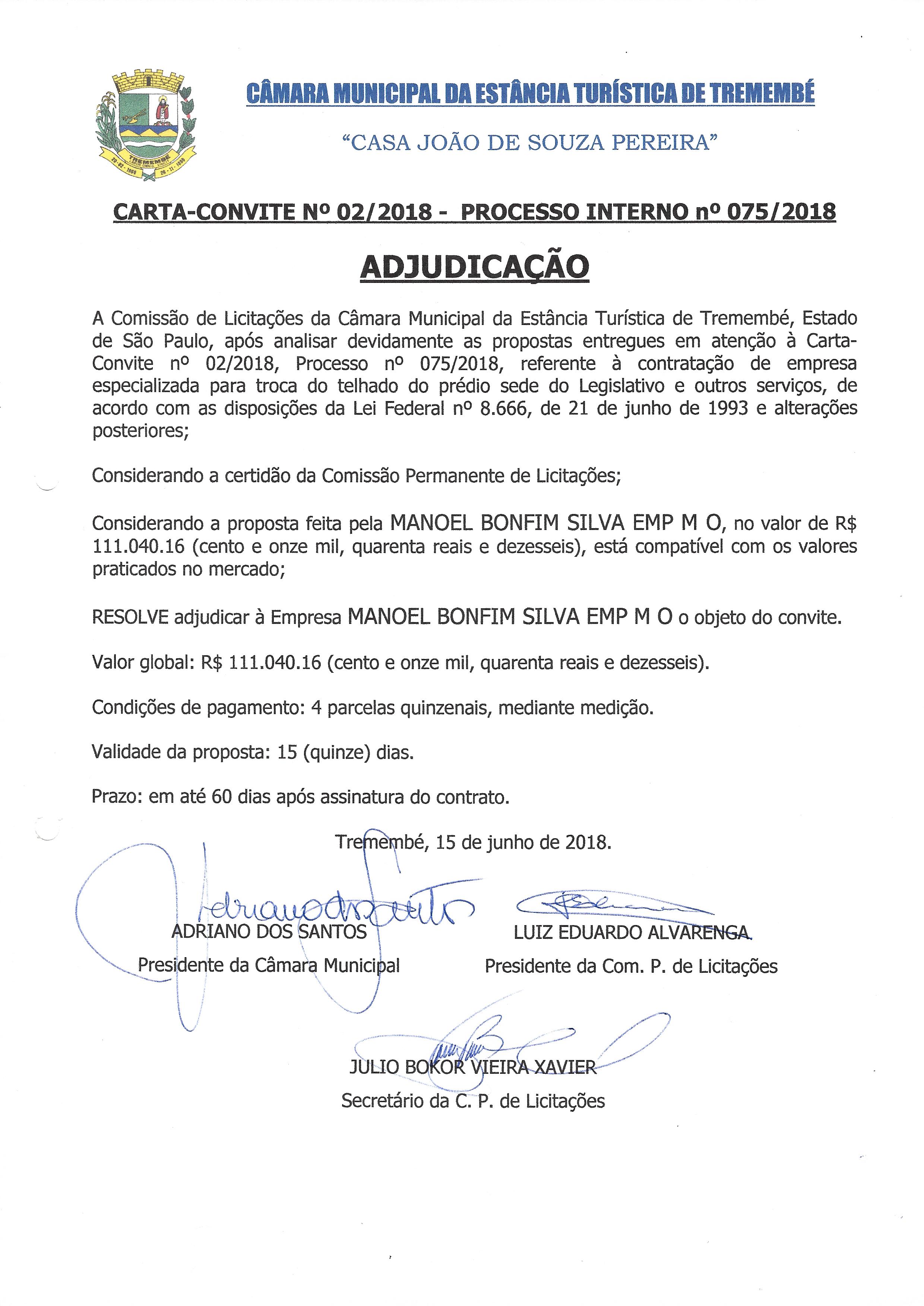 Adjudicação - Carta Convite 02-2018 - (Proc. Adm. 075-2018)