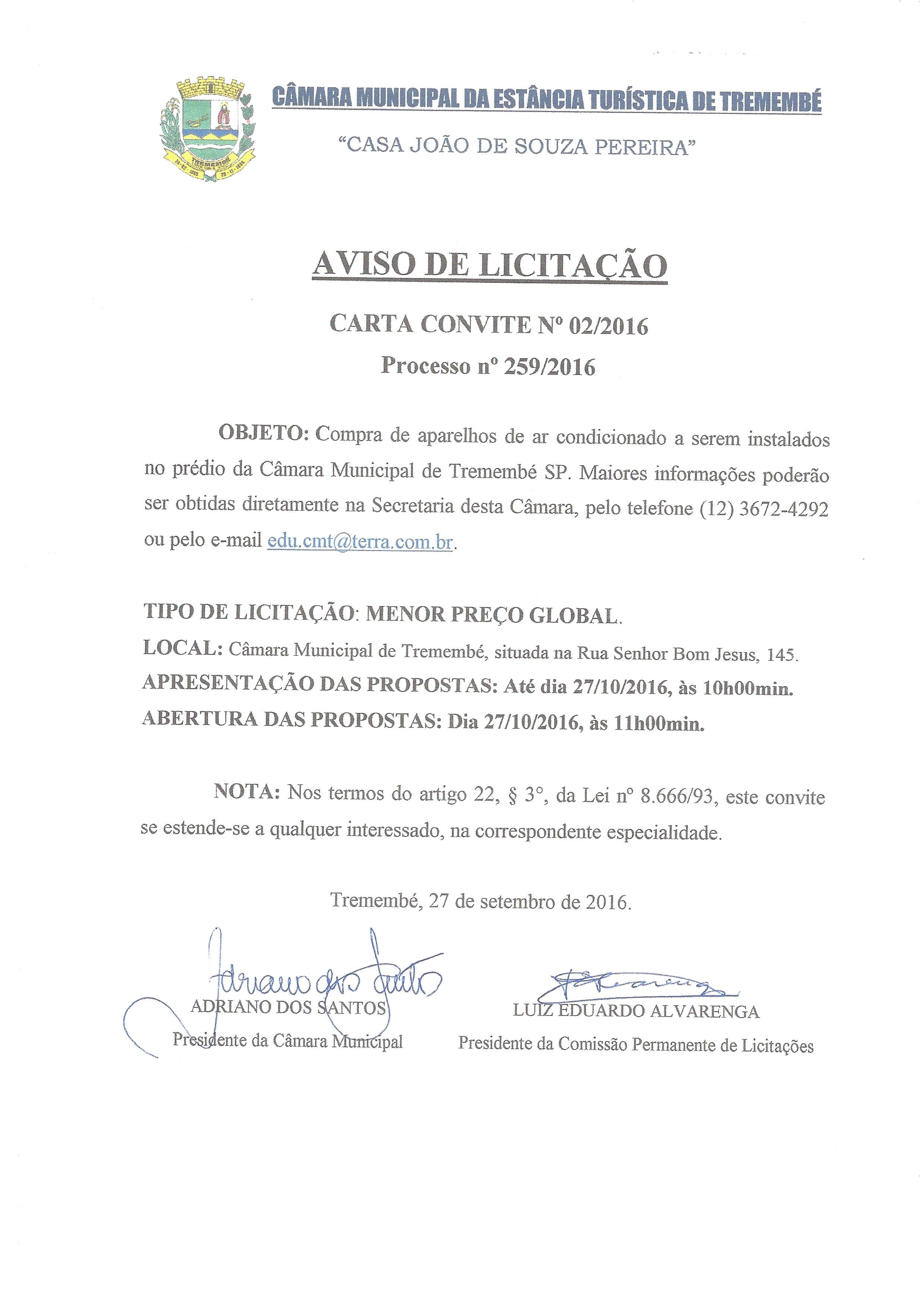 Aviso de Licitação Convite 02-2016 - Processo 259-2016