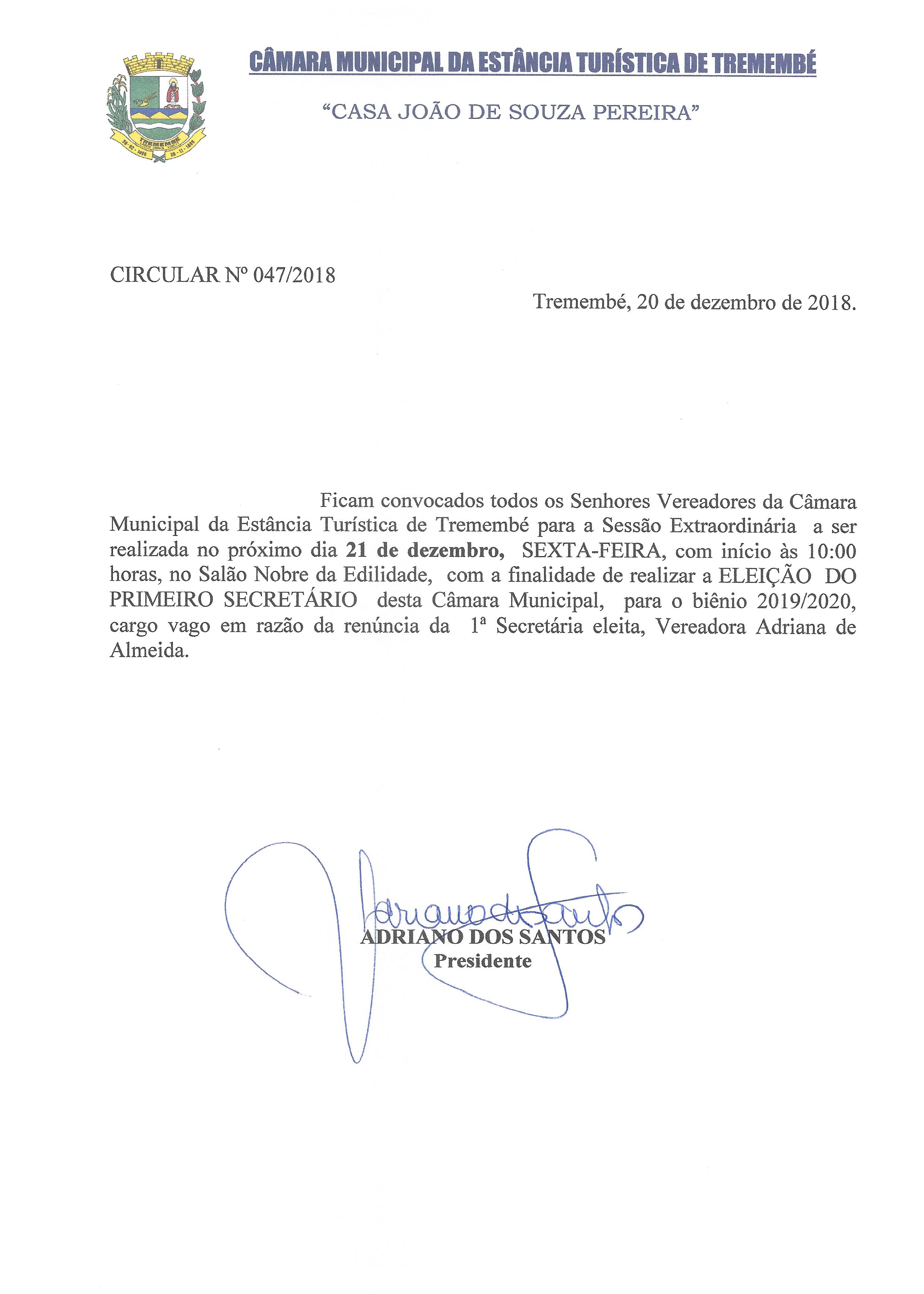 Circular n° 047-2018 - ELEIÇÃO DO PRIMERIO SECRETÁRIO