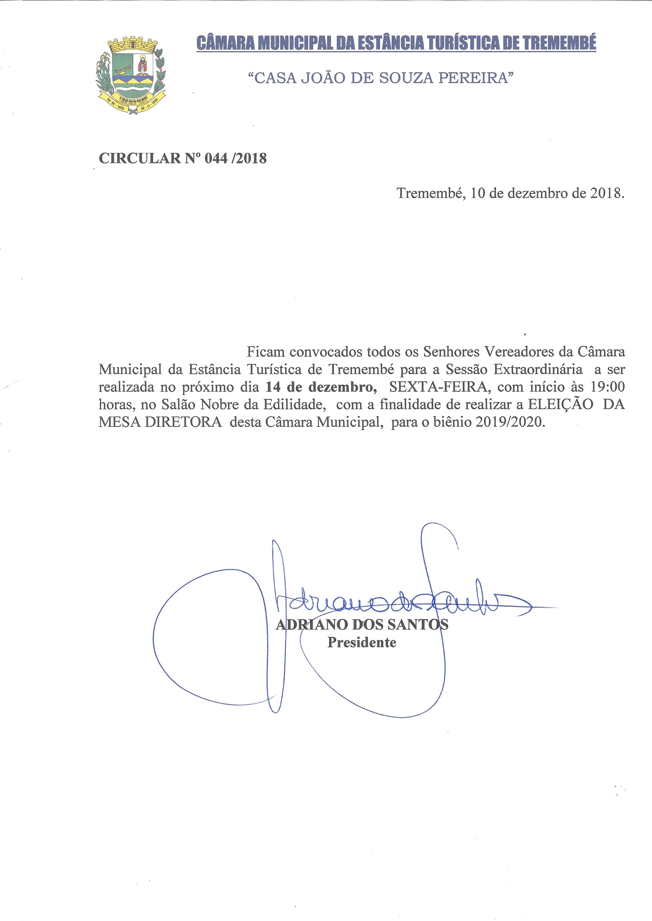 Circular Nº 044/2018 - Eleição da Mesa Diretora