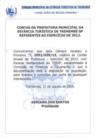 COMUNICADO: CONTAS DA PREFEITURA MUNICIPAL DA ESTÂNCIA TURÍSTICA DE TREMEMBÉ SP REFERENTE AO EXERCÍCIO DE 2013