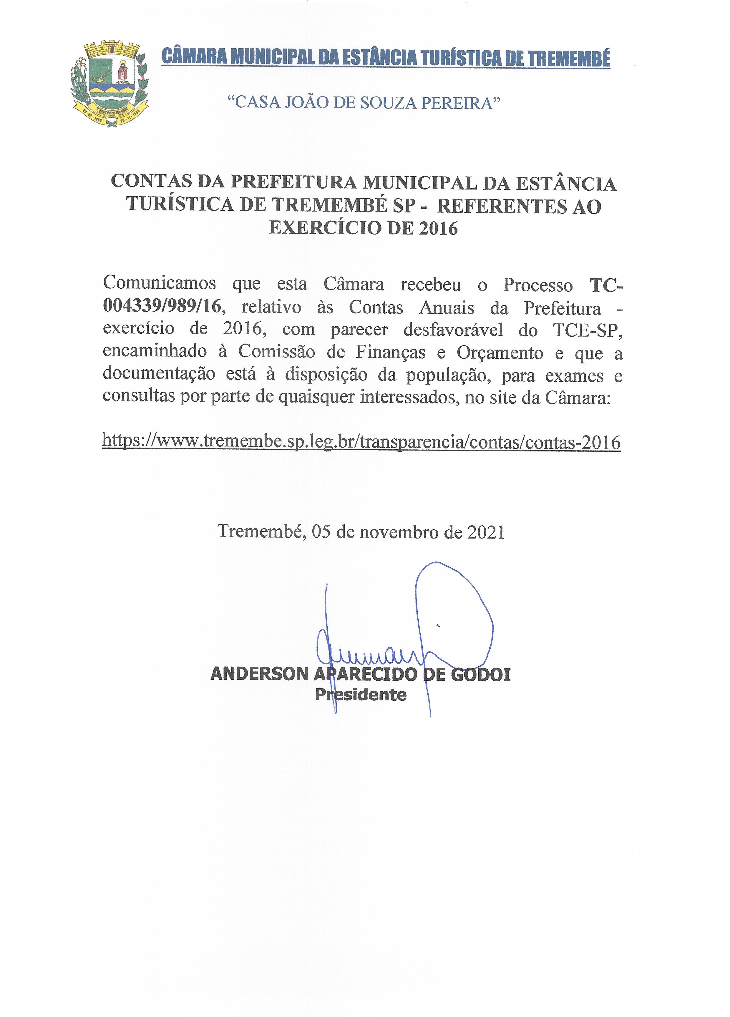 Contas Anuais da Prefeitura - Exercício de 2016