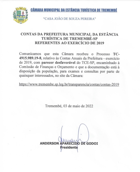 Contas Anuais da Prefeitura - Exercício de 2019