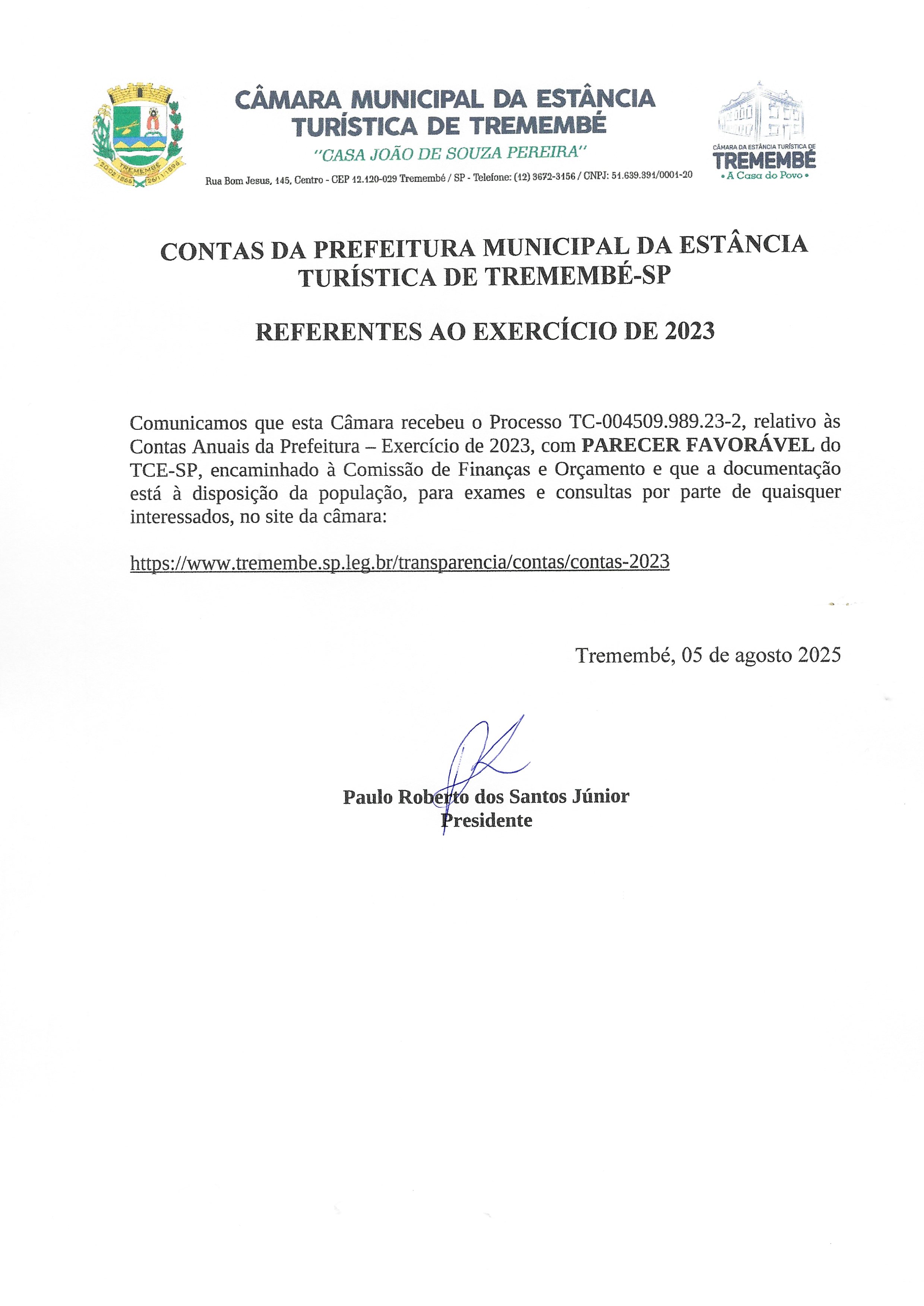 Contas da Prefeitura Municipal da Estância - Exercício 2023 Turística de Tremembé-SP