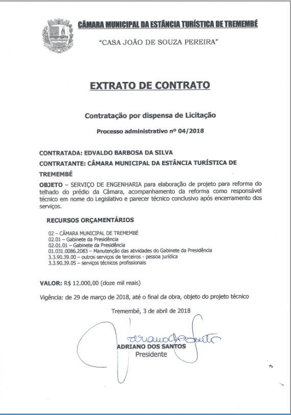 Extrato de Contrato - Processo Administrativo n° 04-2018