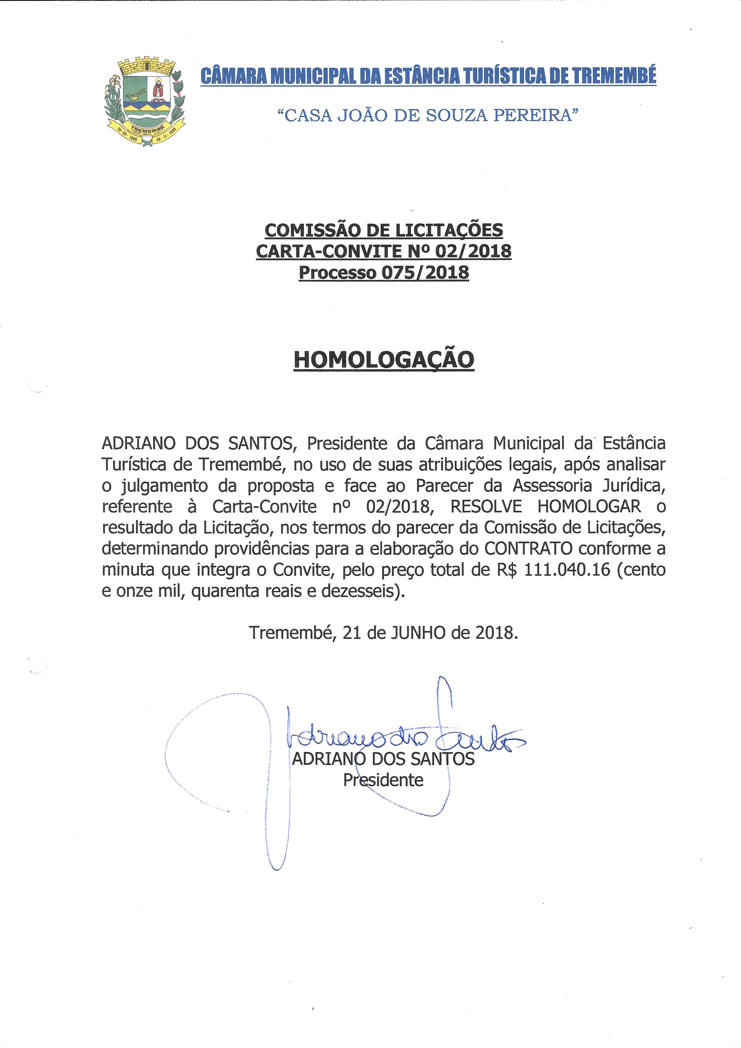 Homologação - Carta Convite 02-2018 - (Proc. Adm. 075-2018)