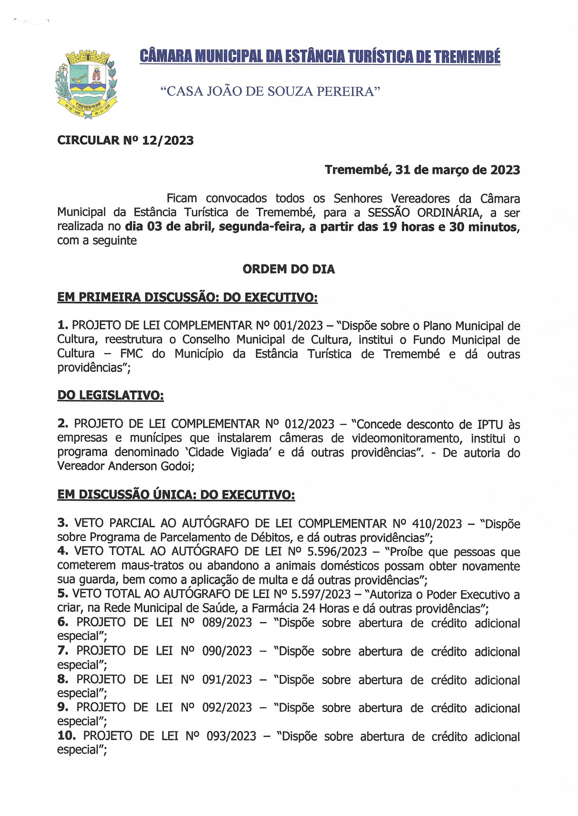 Pauta da 100ª Sessão Ordinária - 03/04/2023