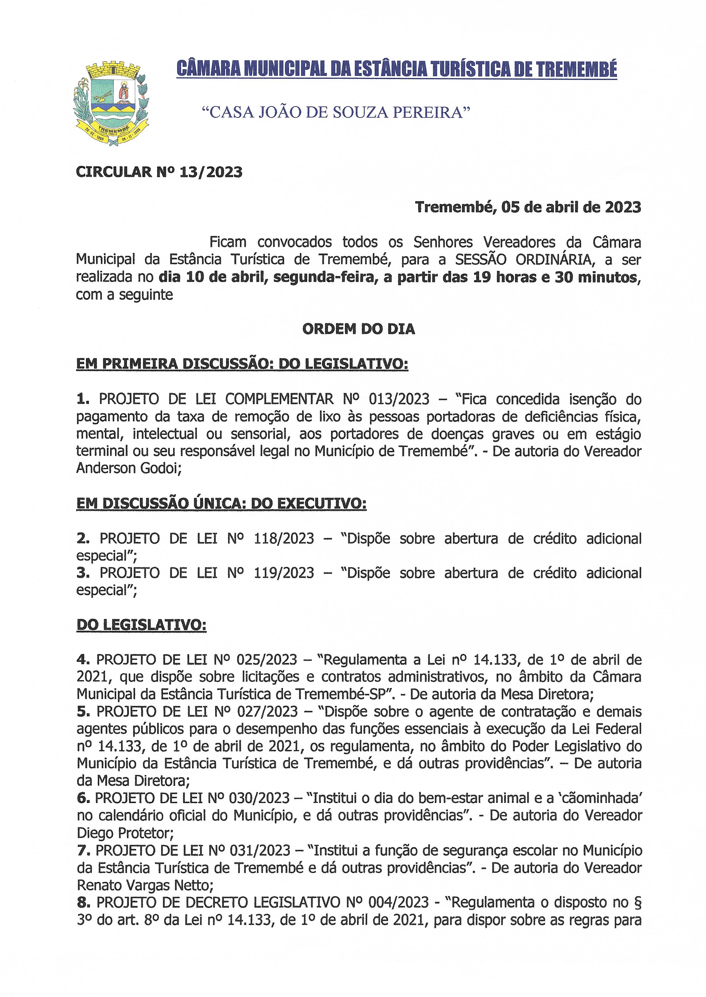 Pauta da 101ª Sessão Ordinária - 10/04/2023