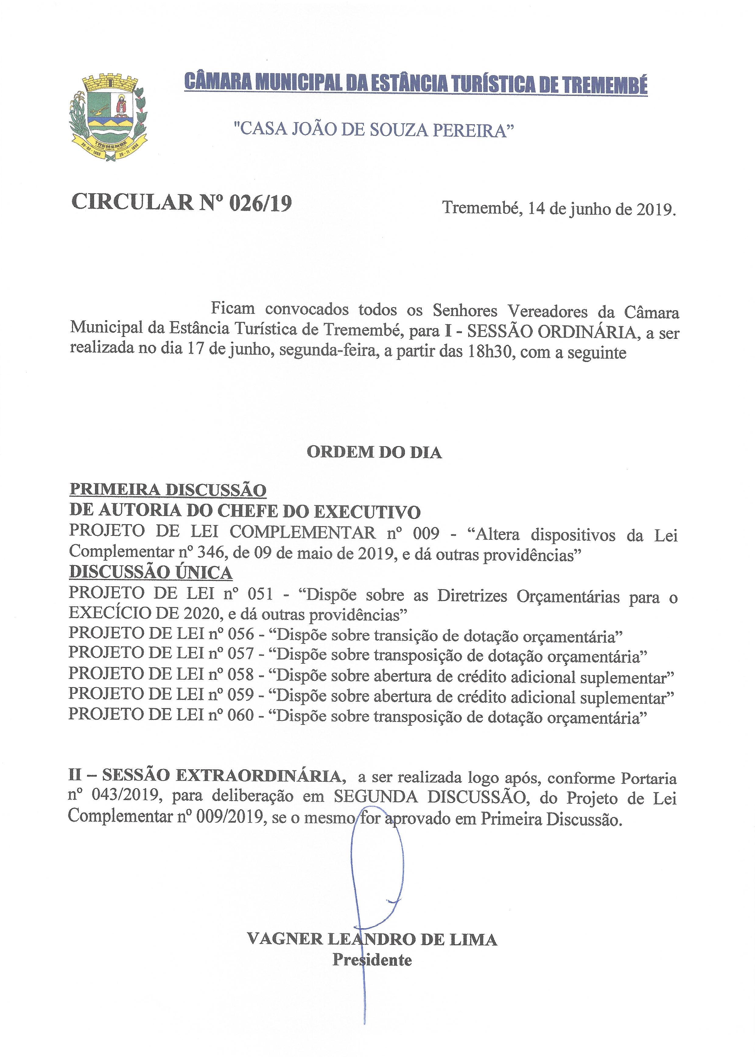 Pauta da 101ª Sessão Ordinária - 17/06/2019