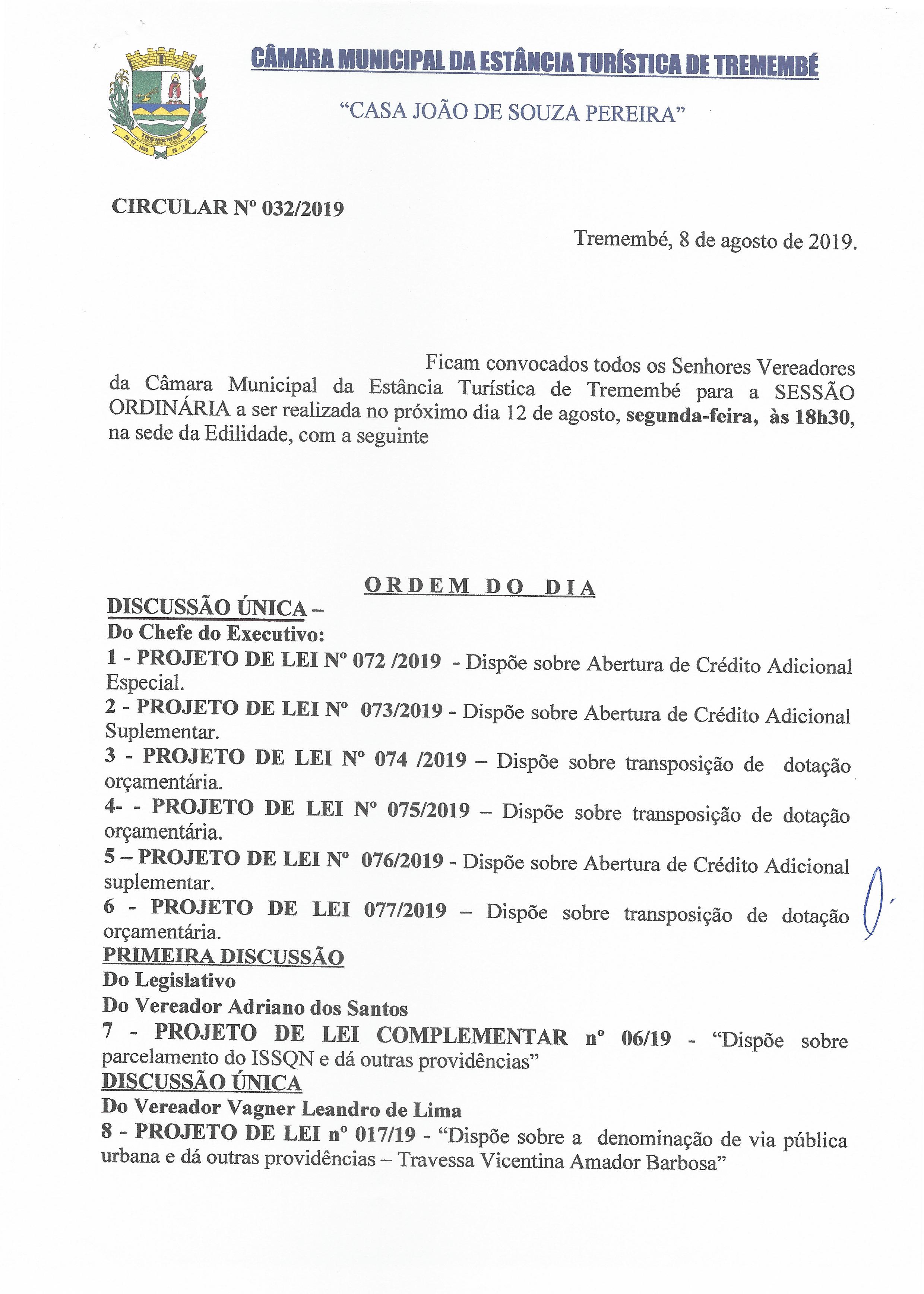 Pauta da 104ª Sessão Ordinária - 12/08/2019