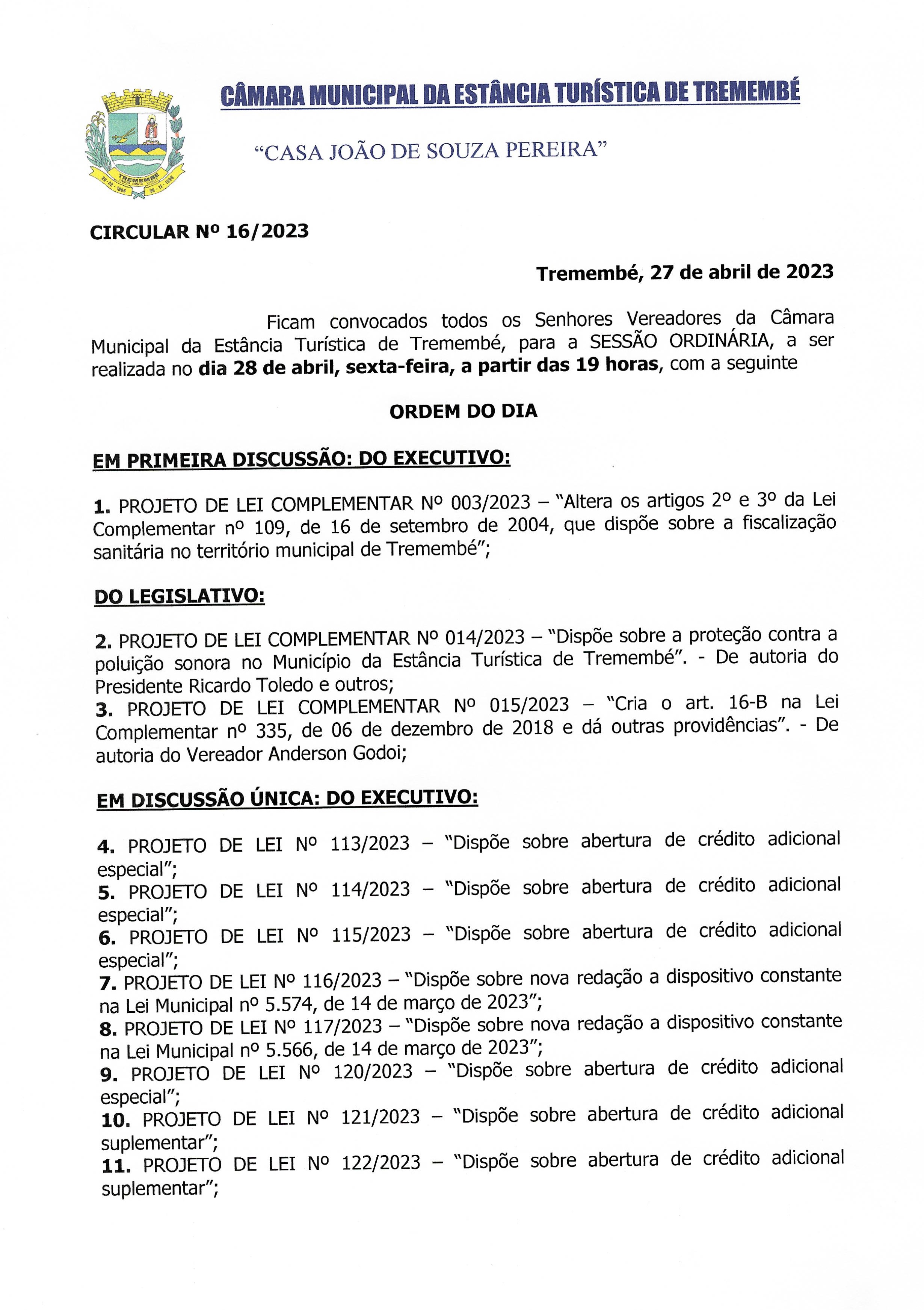 Pauta da 104ª Sessão Ordinária - 28/04/2023