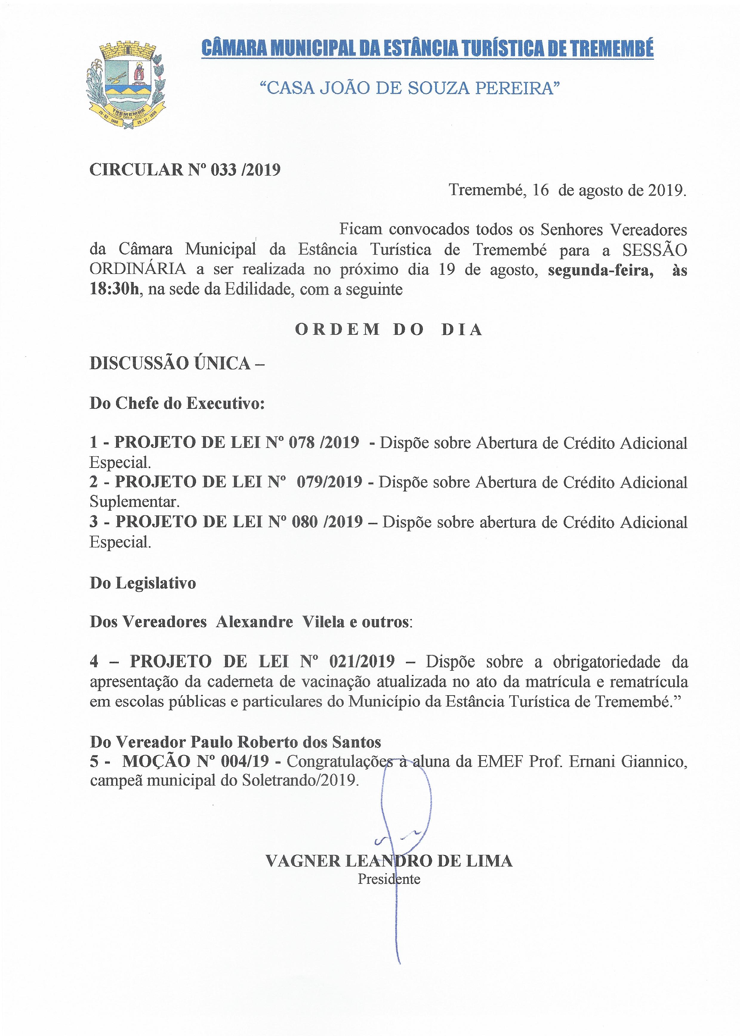 Pauta da 105ª Sessão Ordinária - 19/08/2019