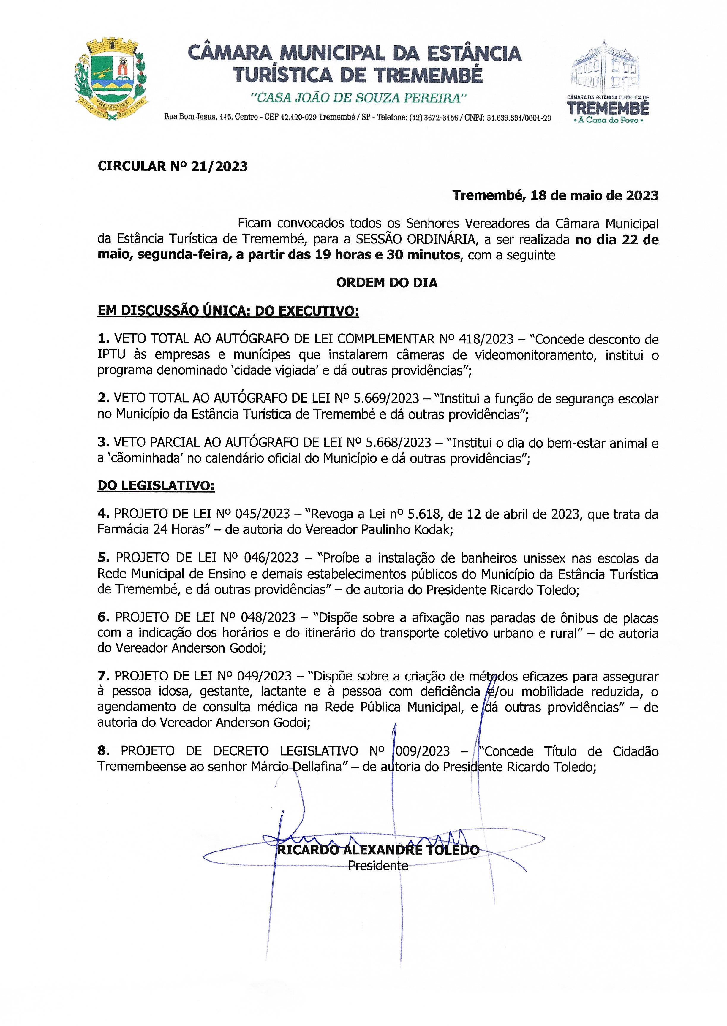 Pauta da 107ª Sessão Ordinária - 22/05/2023