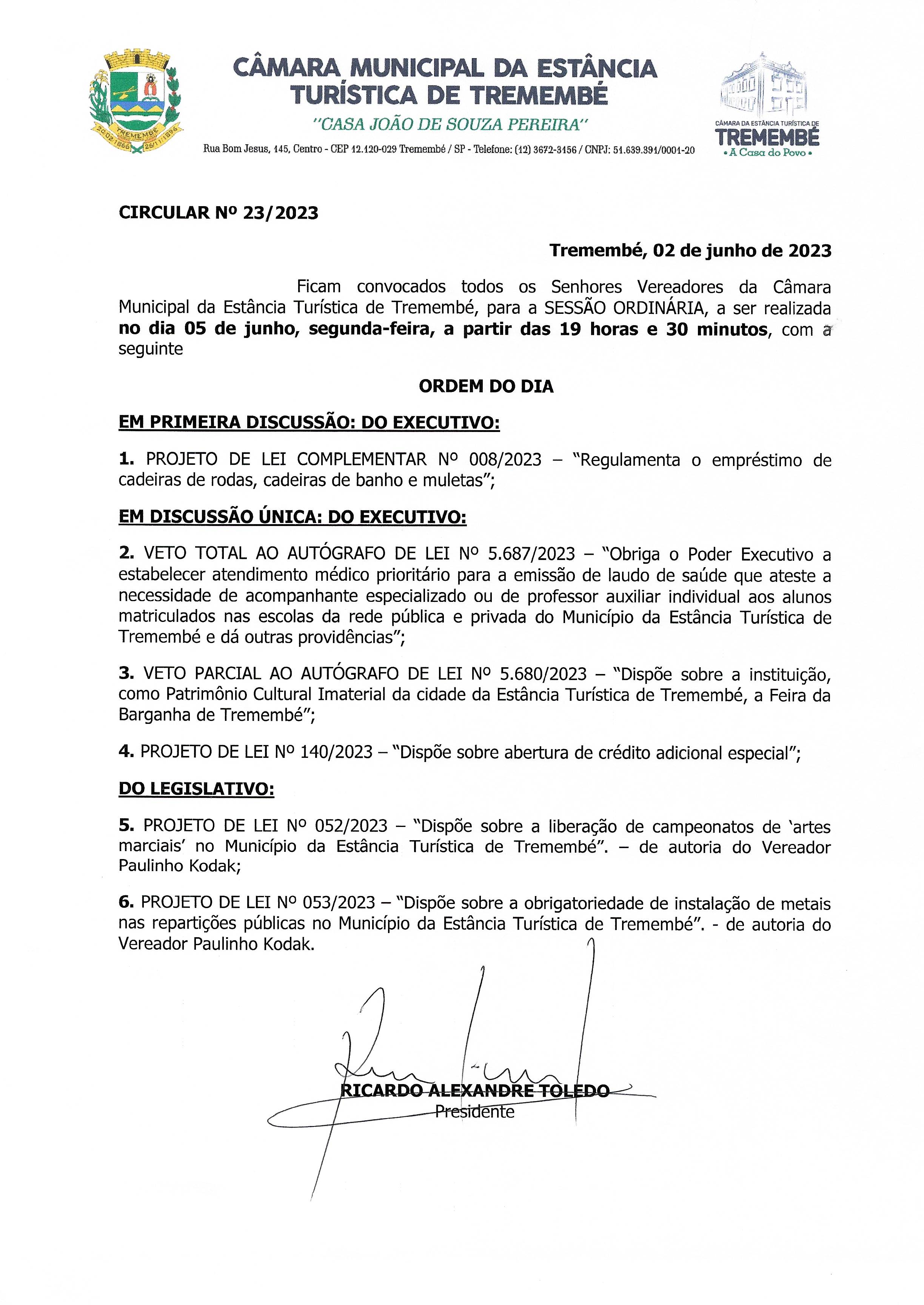 Pauta da 109ª Sessão Ordinária - 05/06/2023