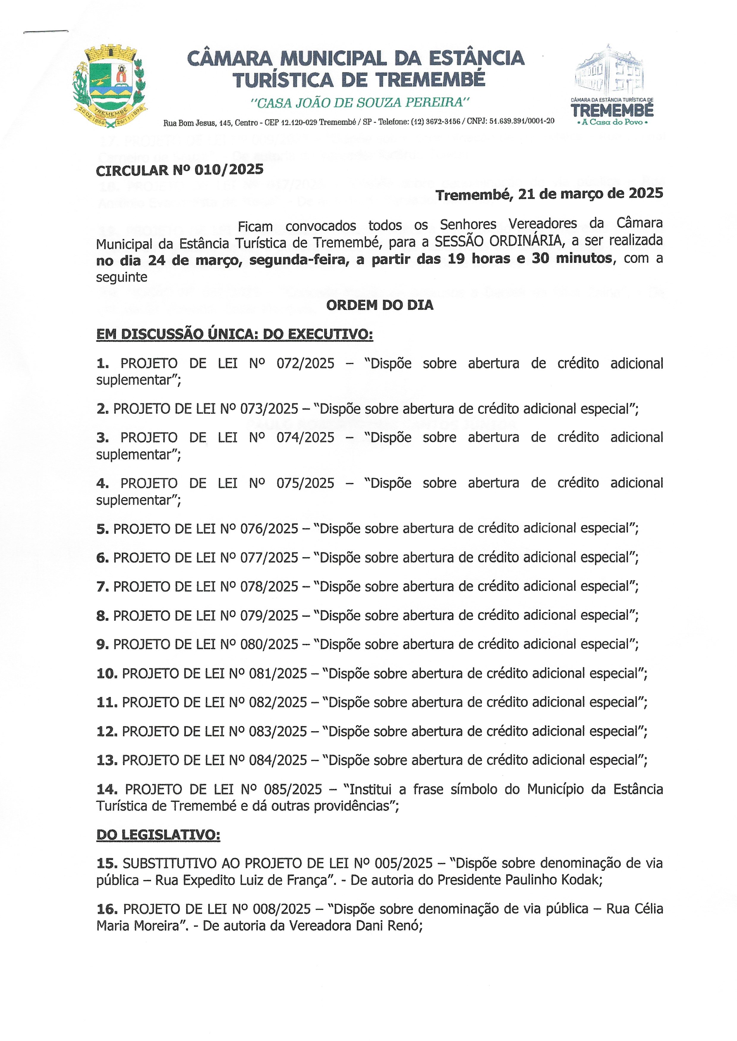 Pauta da 10ª Sessão Ordinária - 24/03/2025