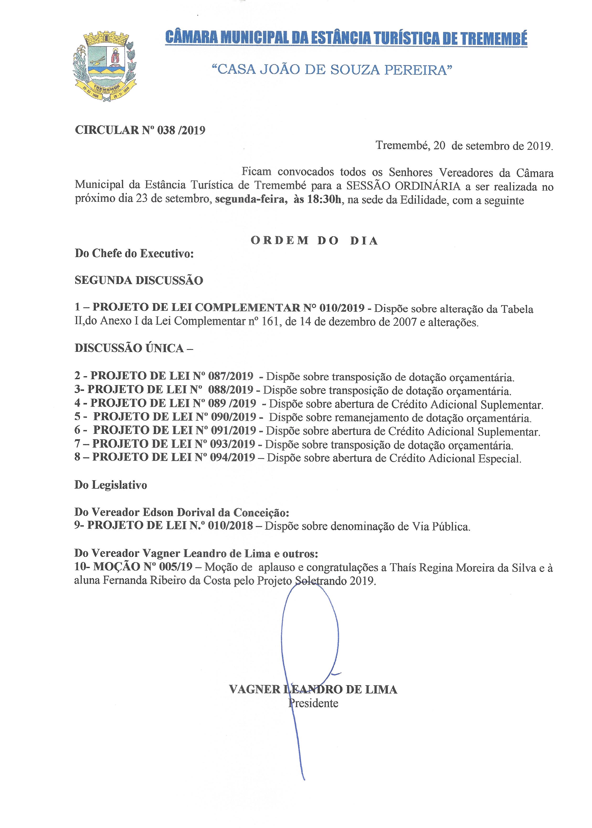 Pauta da 110ª Sessão Ordinária - 23/09/2019