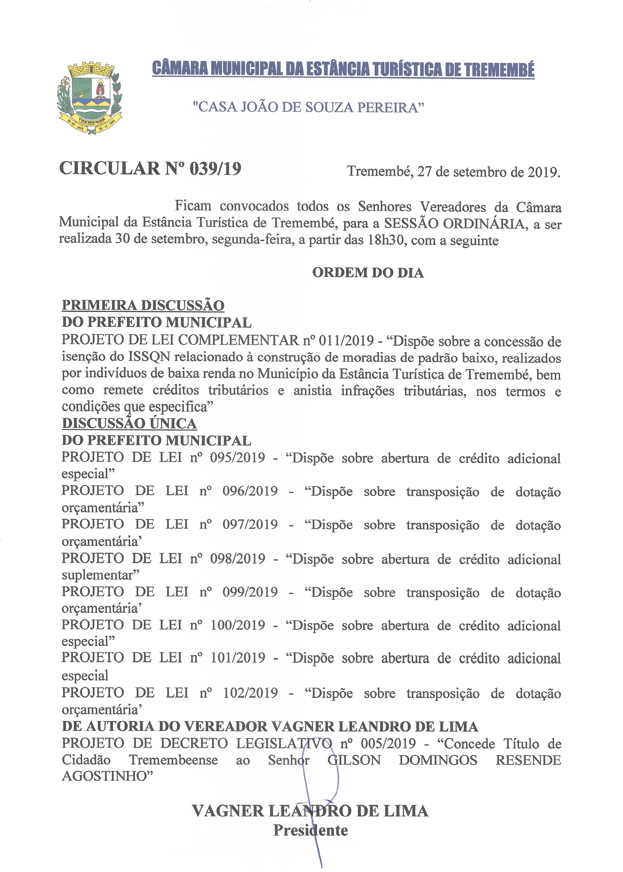 Pauta da 111ª Sessão Ordinária - 30-09-2019