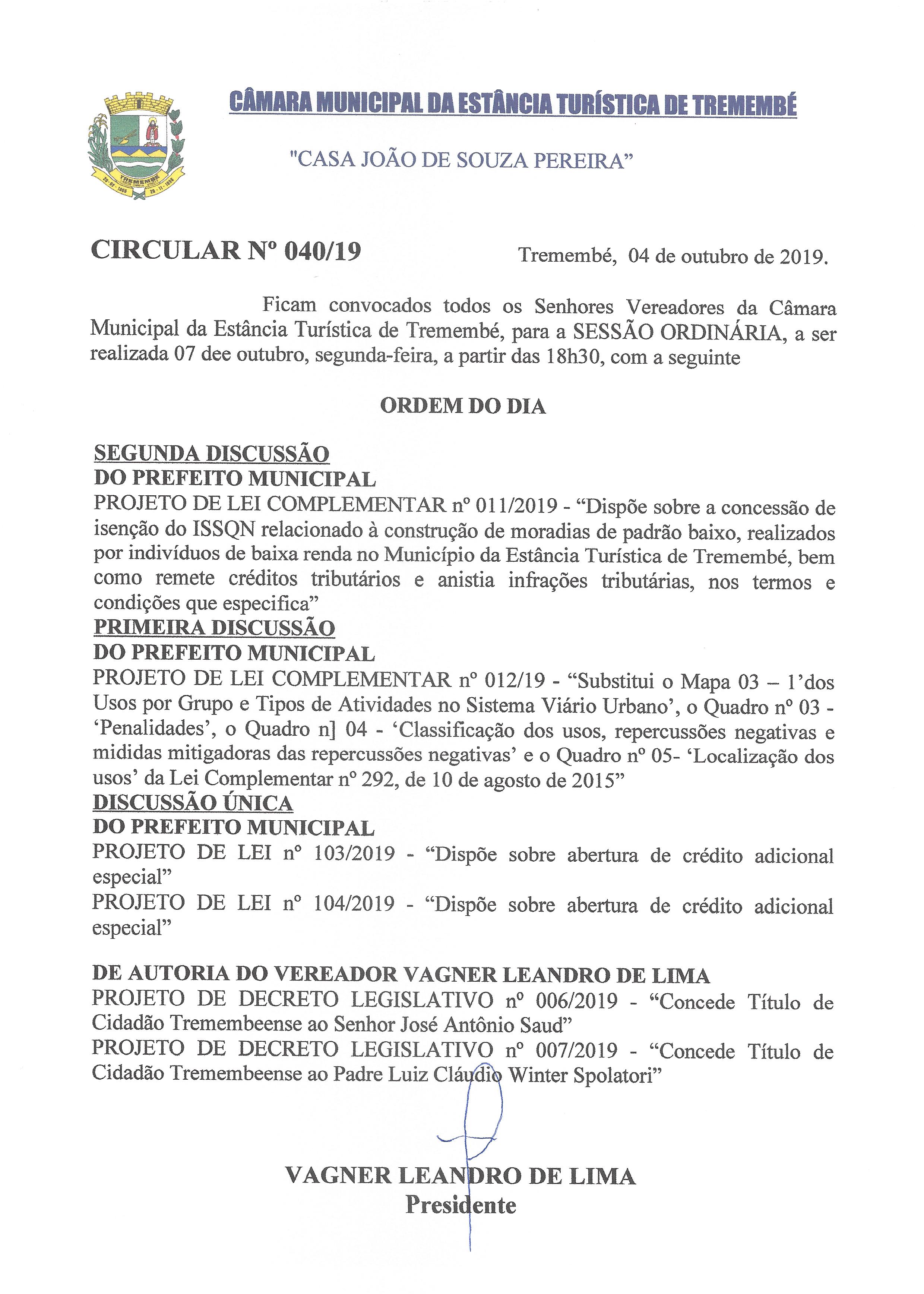 Pauta da 112ª Sessão Ordinária - 07/10/2019