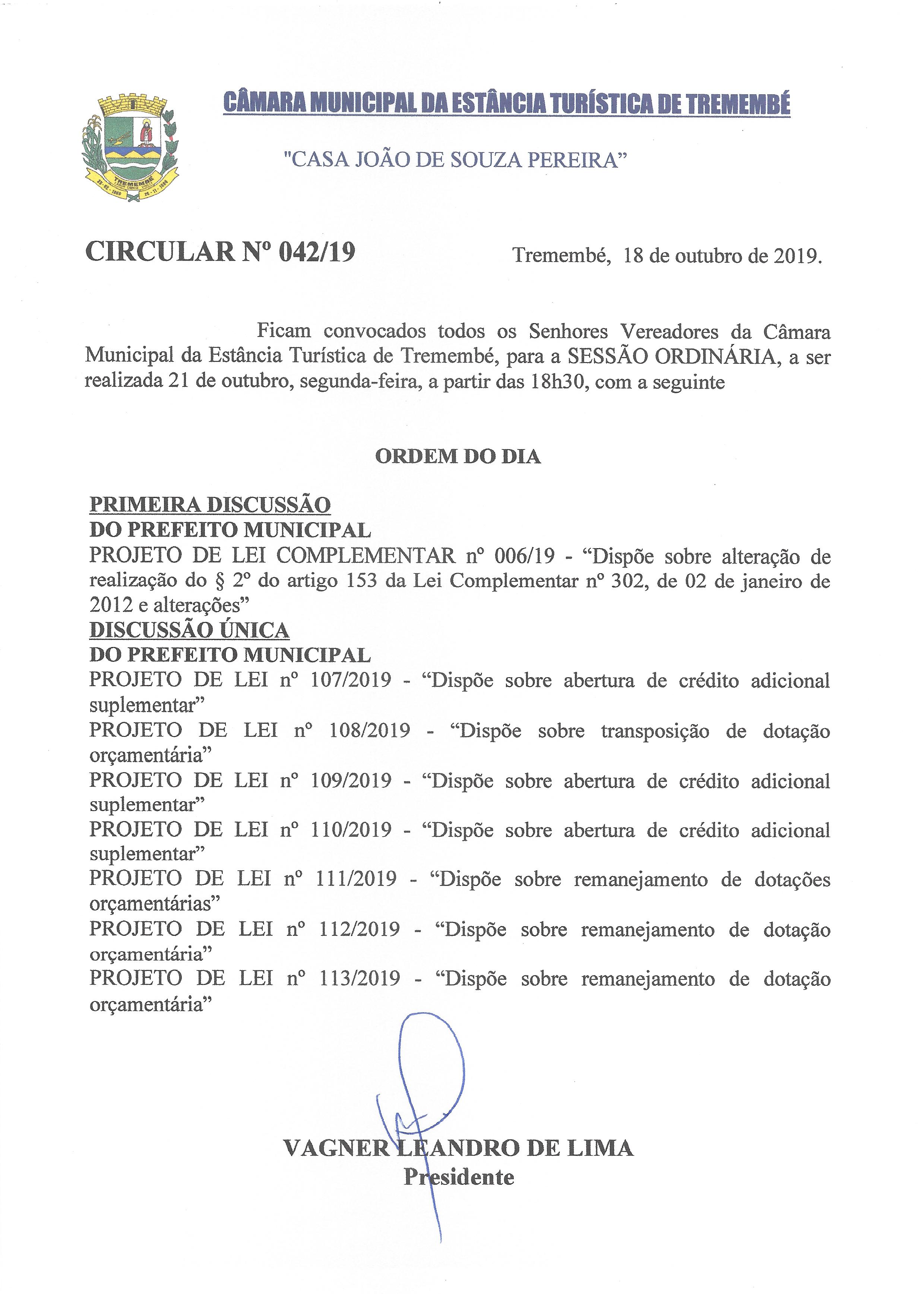 Pauta da 114ª Sessão Ordinária - 21-10-2019