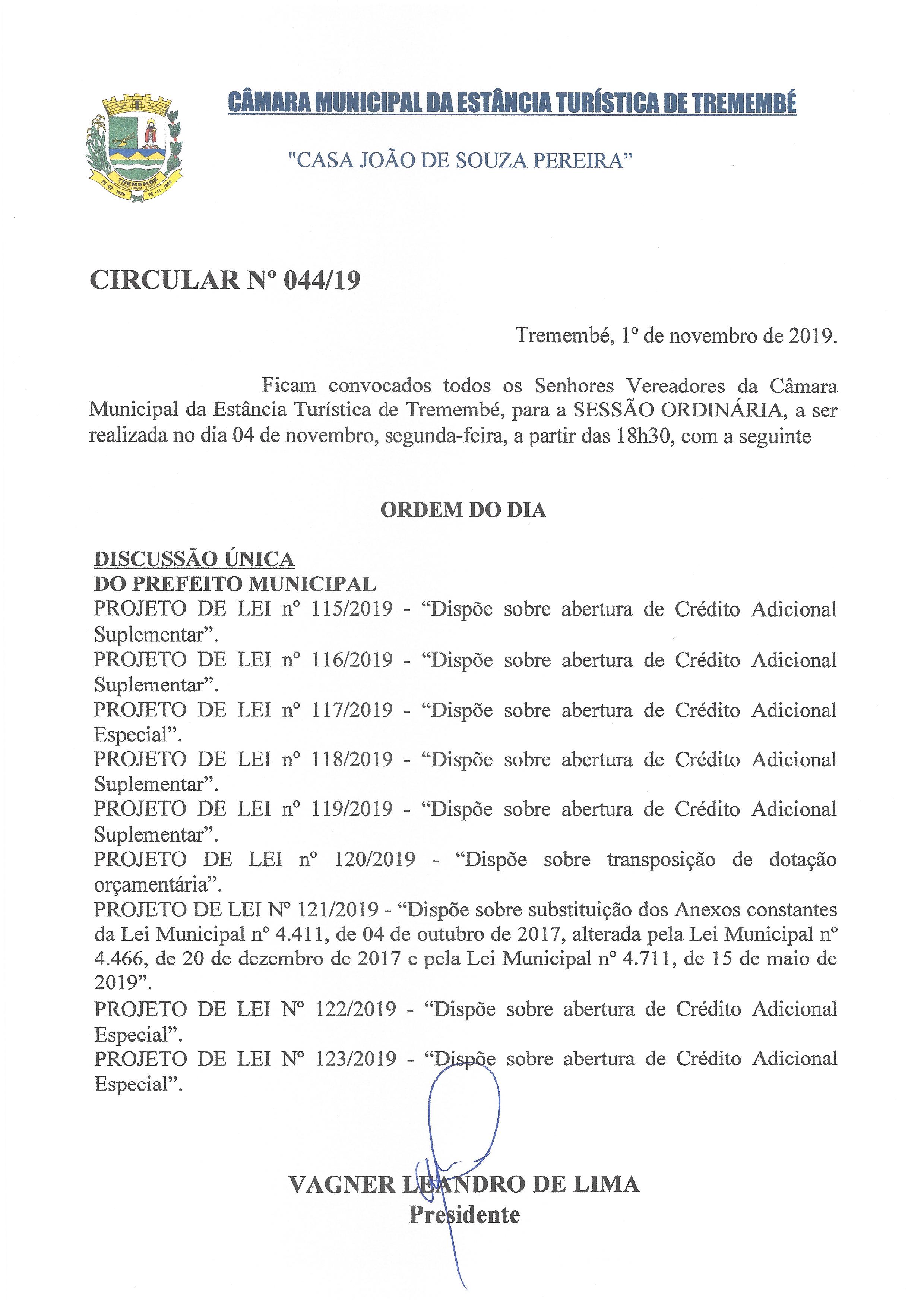 Pauta da 116ª Sessão Ordinária - 04-11-2019