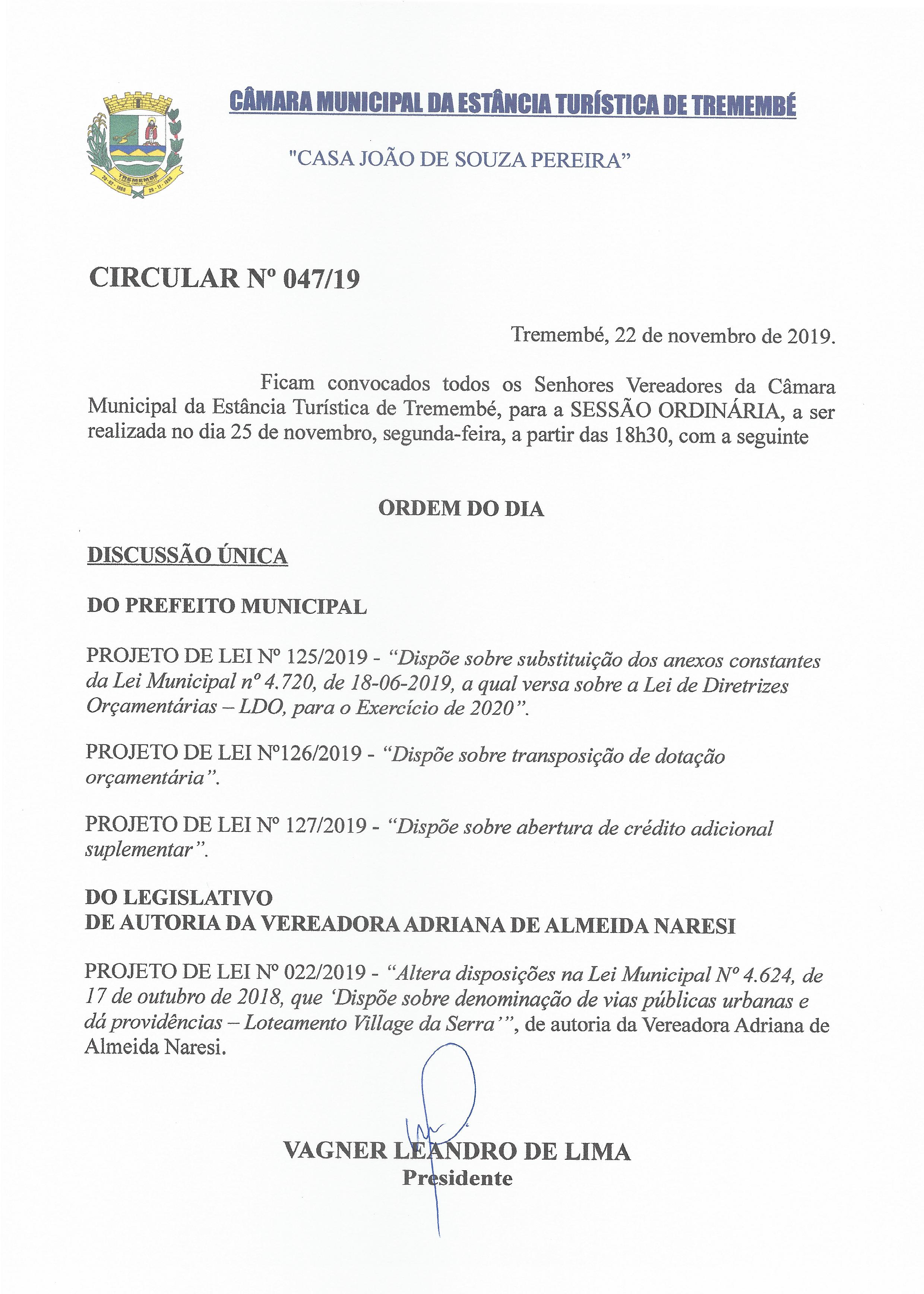 Pauta da 119ª Sessão Ordinária - 25/11/2019
