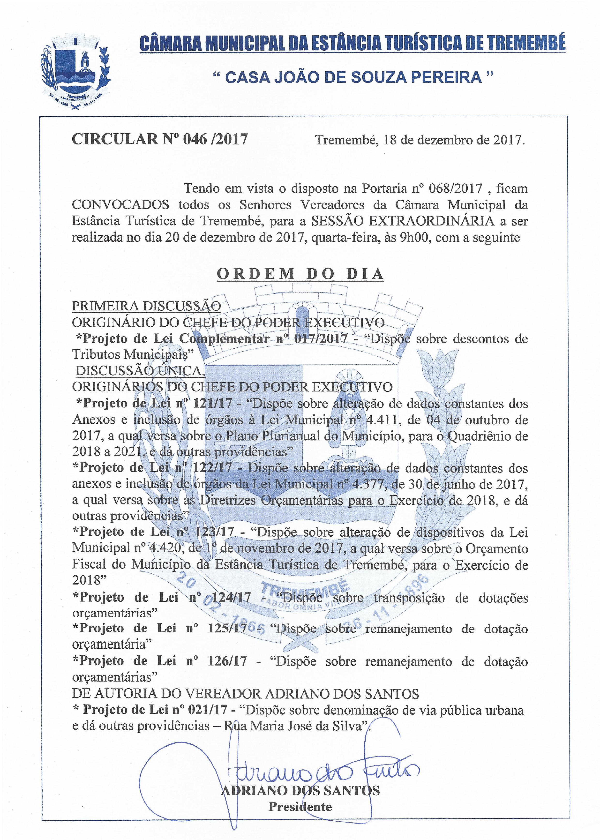 Pauta da 11° Sessão Extraordinária - 20-12-217