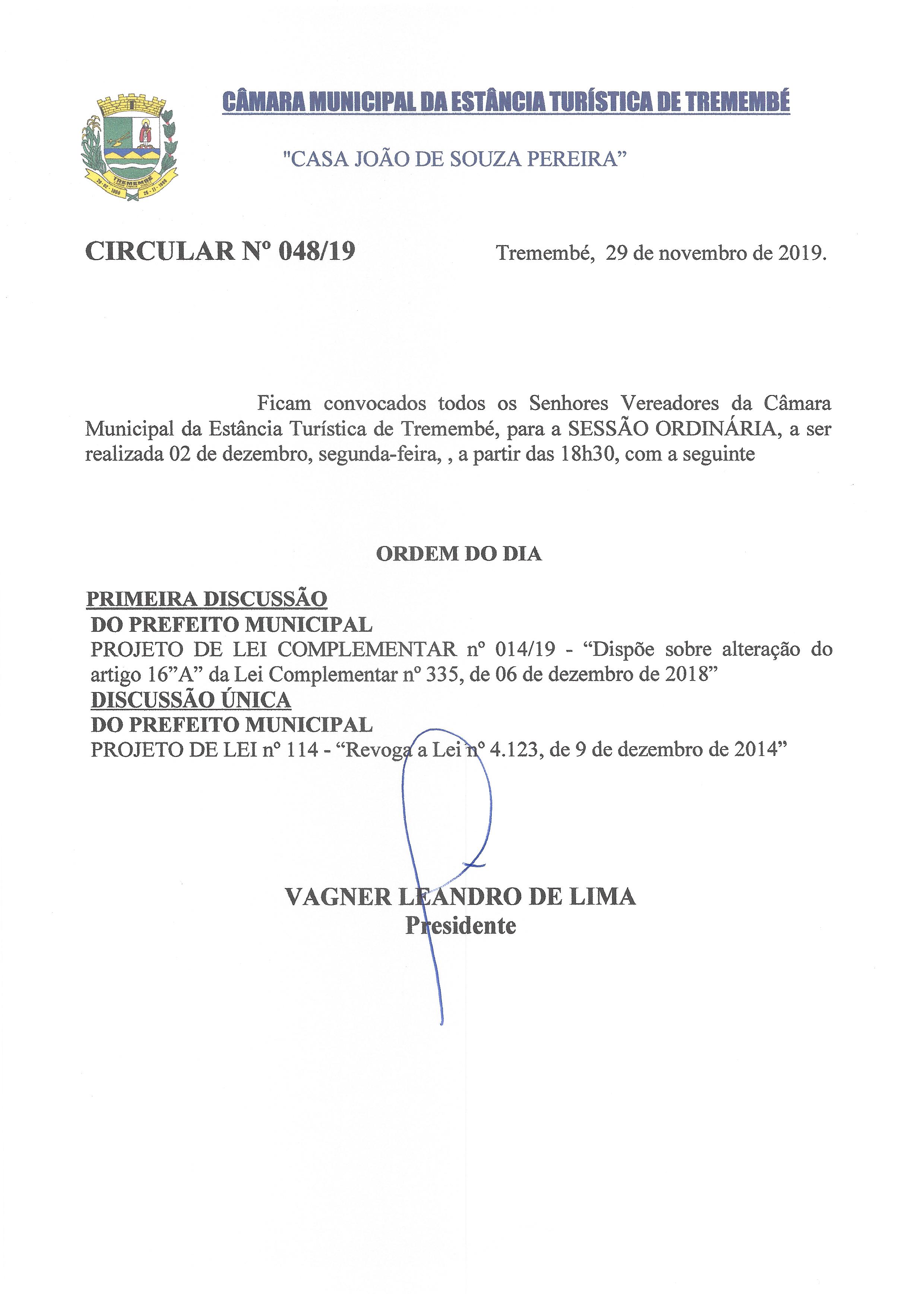 Pauta da 120ª Sessão Ordinária - 02/12/2019