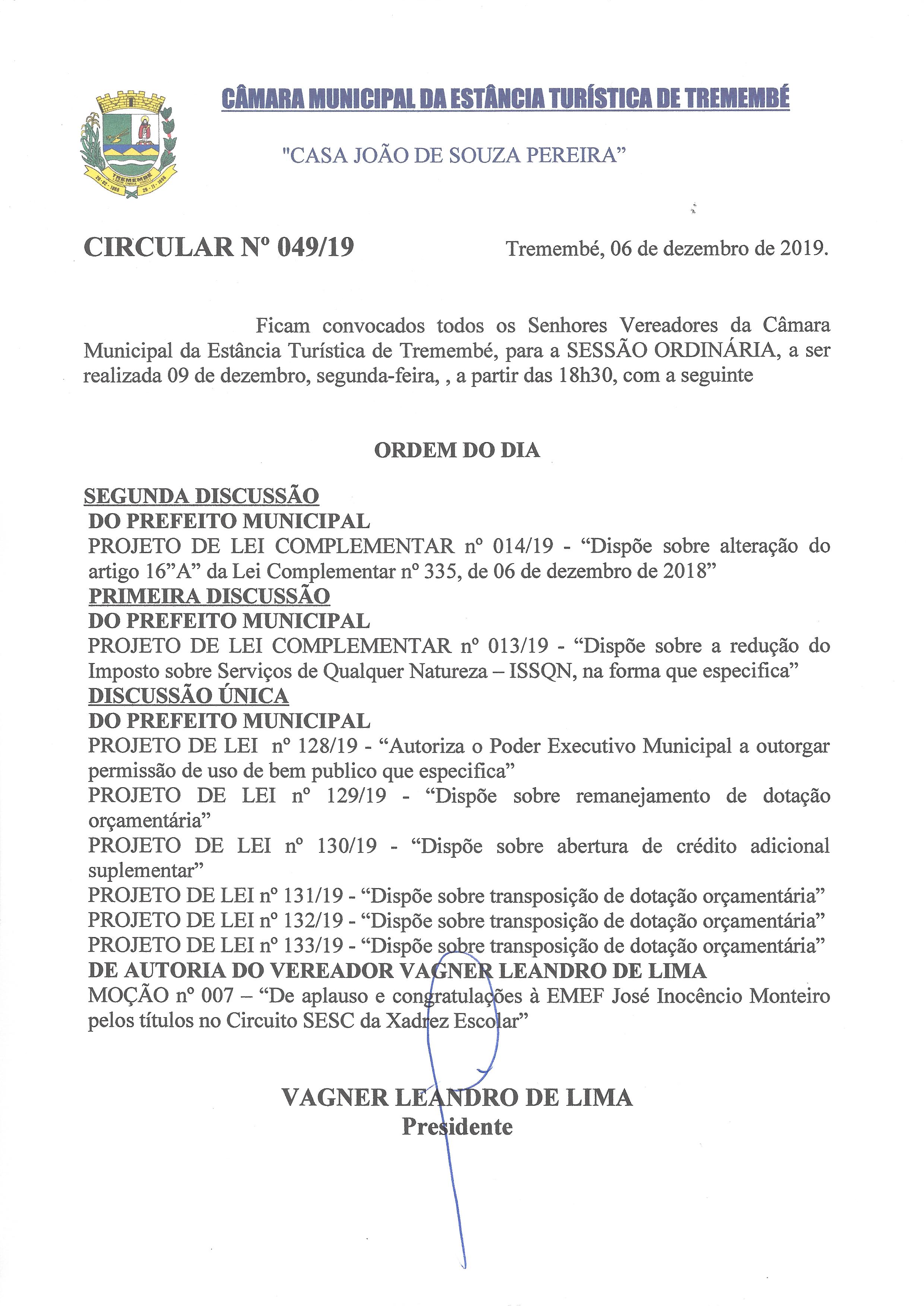 Pauta da 121ª Sessão Ordinária - 09/12/2019