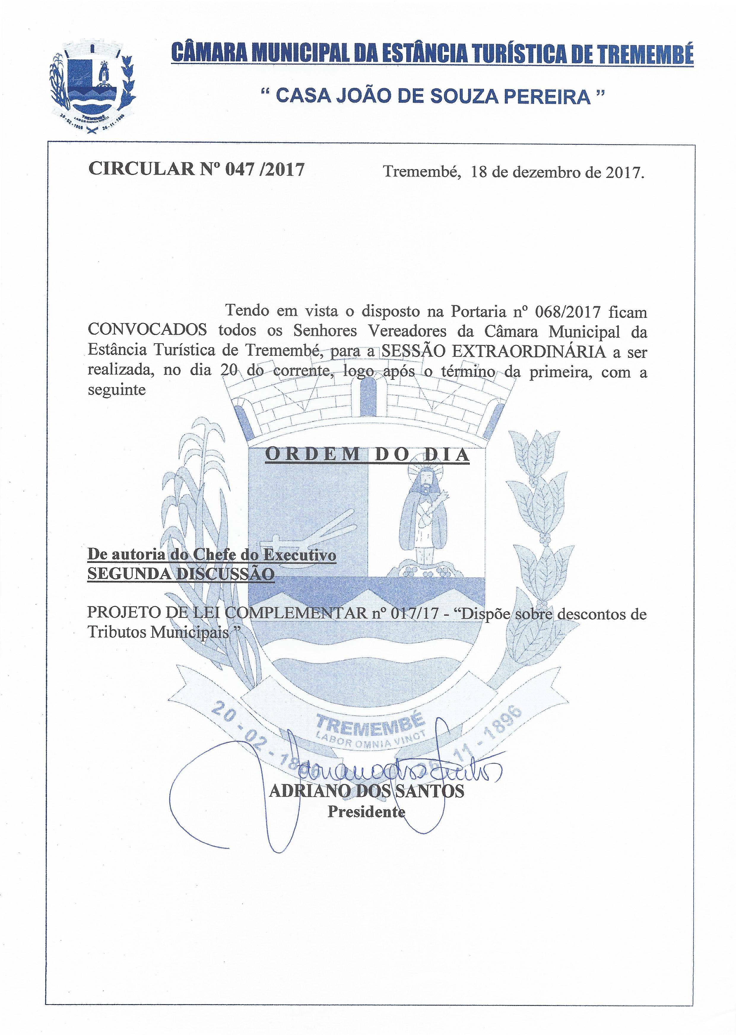 Pauta da 12° Sessão Extraordinária - 20-12-217