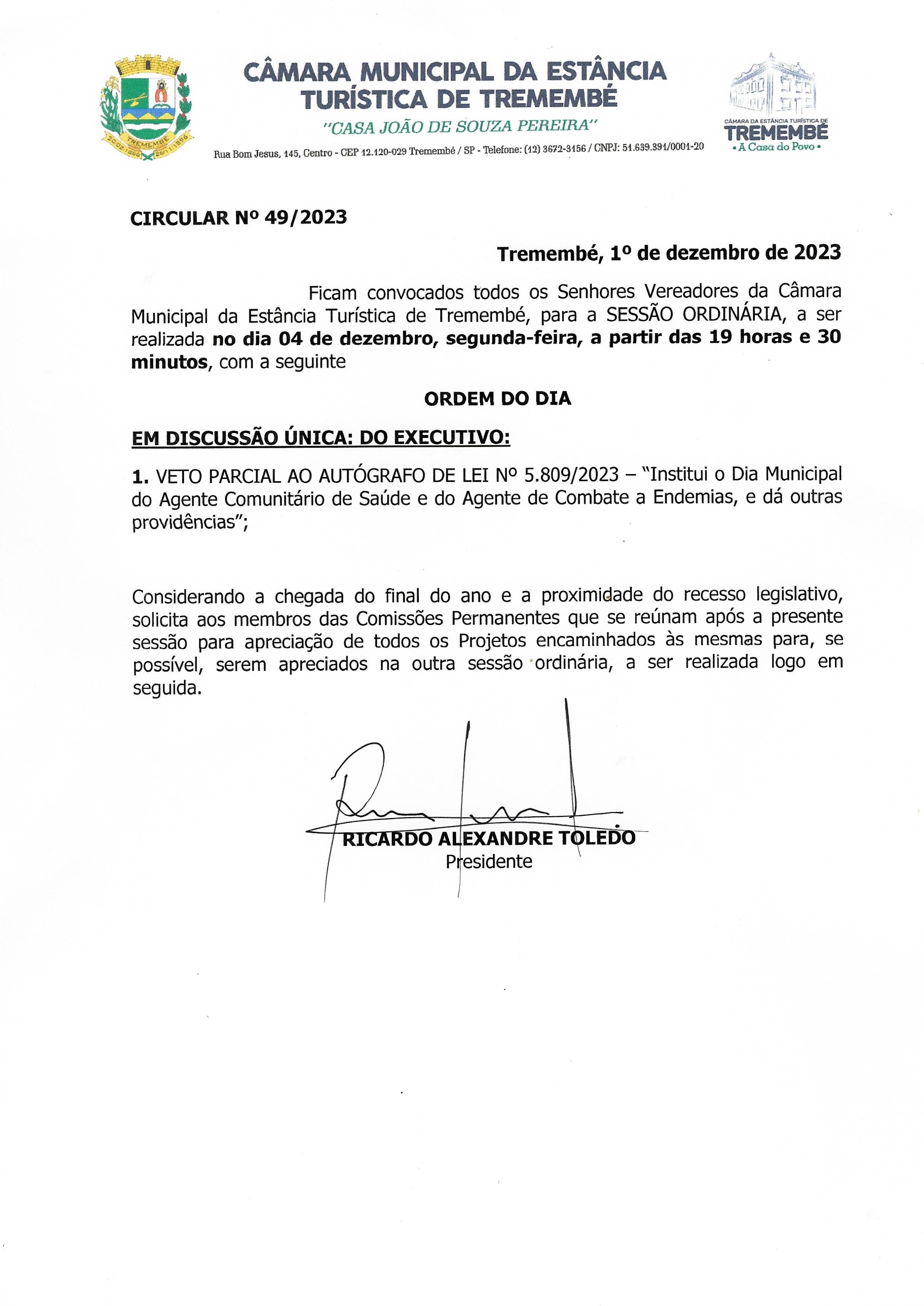 Pauta da 134ª Sessão Ordinária - 04/12/2023