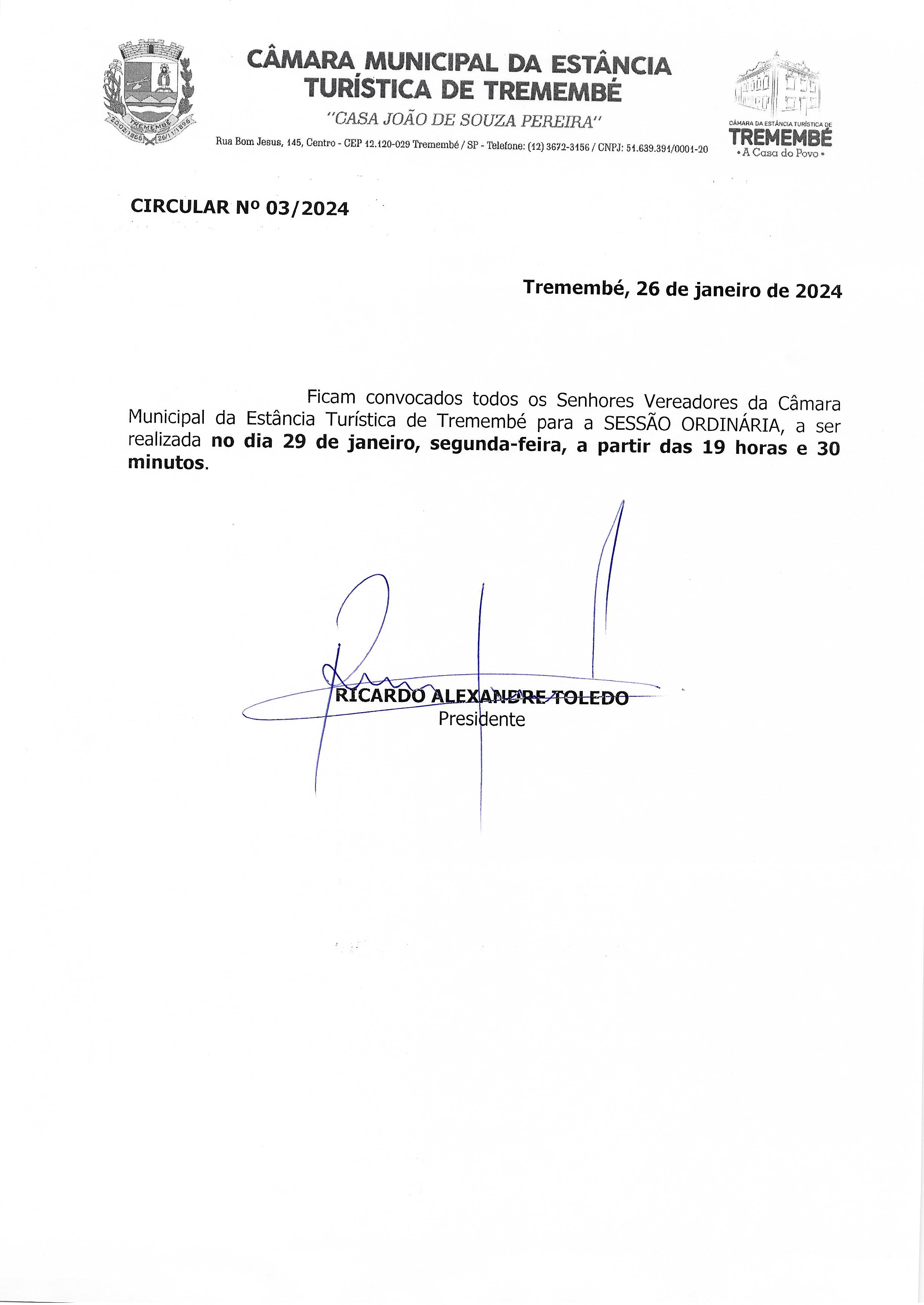 Pauta da 139ª Sessão Ordinária - 29/01/2024