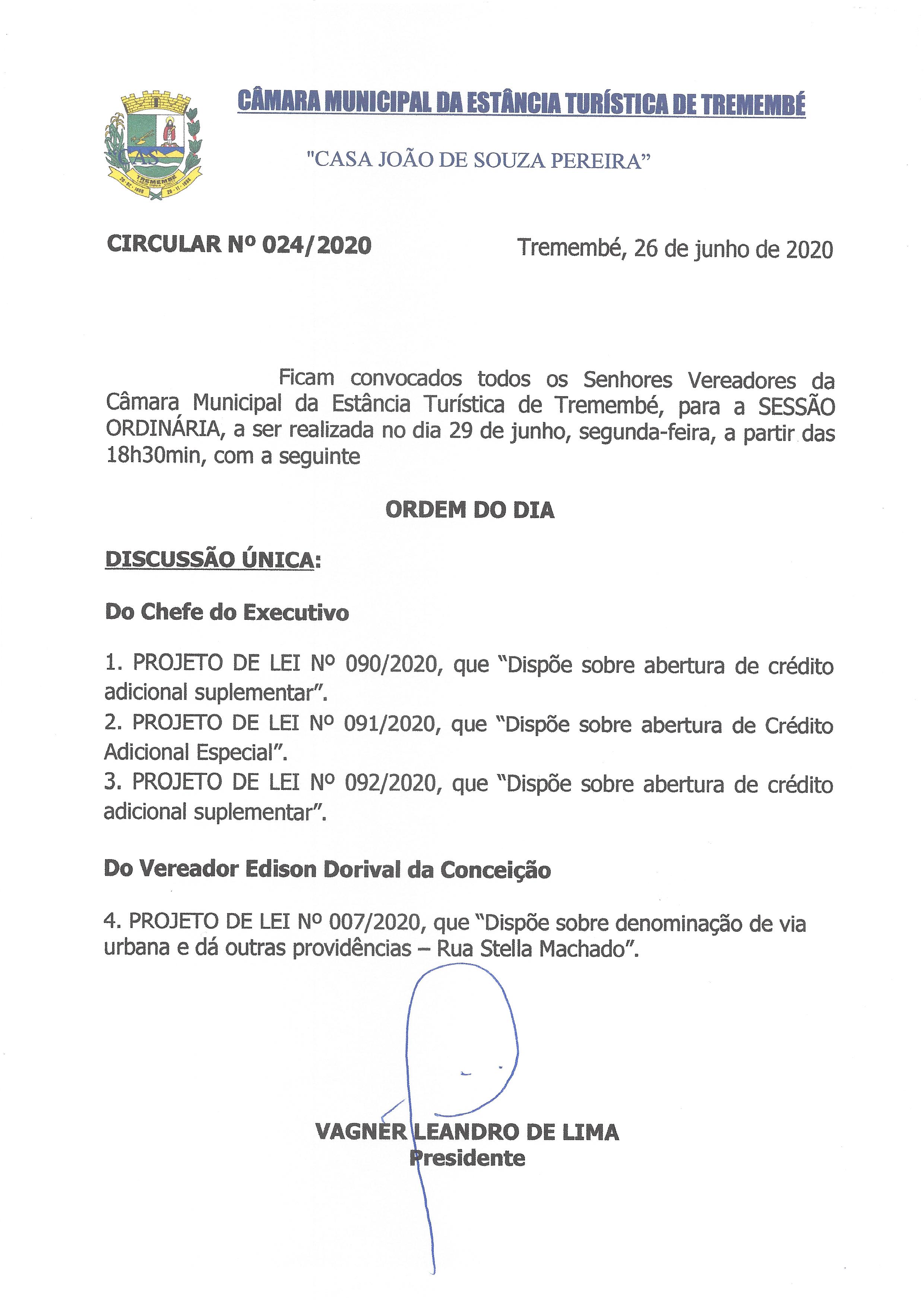 Pauta da 143ª Sessão Ordinária - 29/06/2020