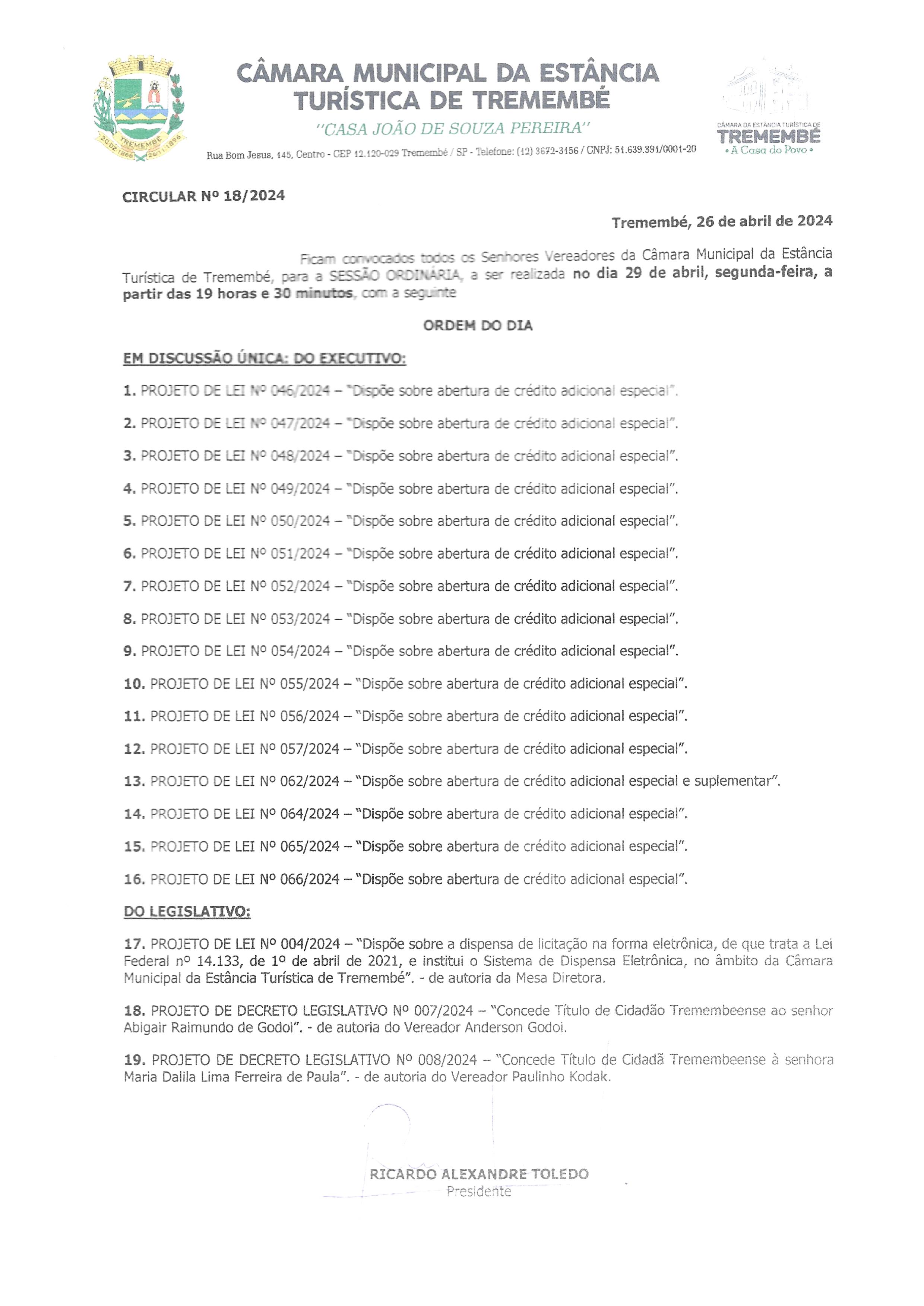 Pauta da 152ª Sessão Ordinária - 29/04/2024