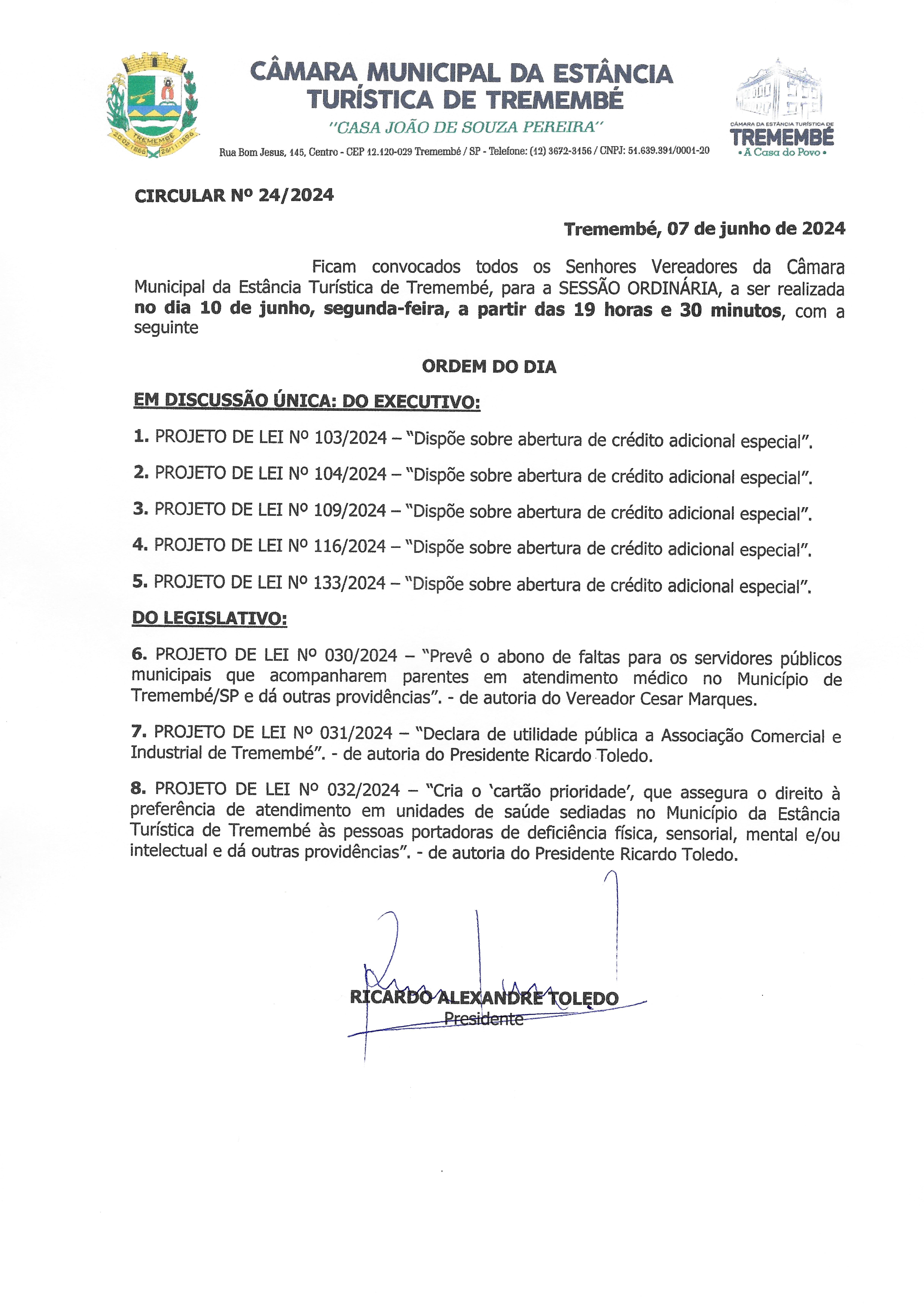 Pauta da 158ª Sessão Ordinária - 10/06/2024