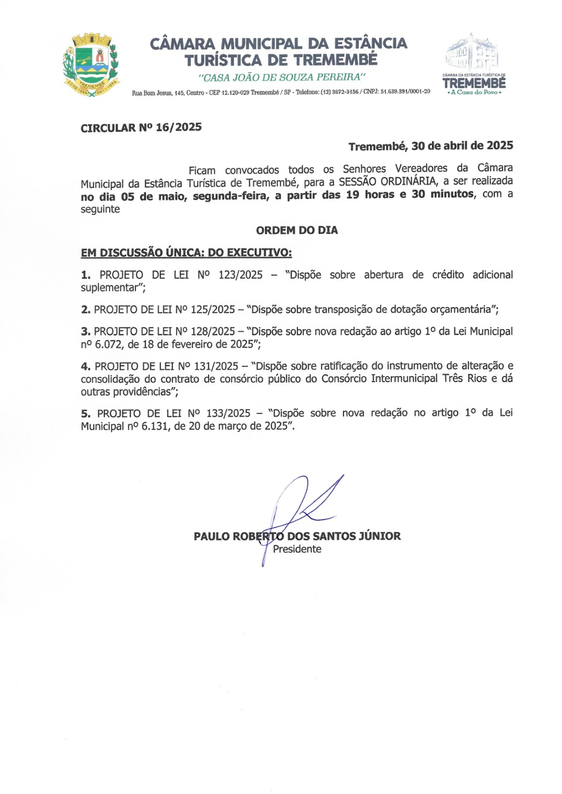Pauta da 16° Sessão Ordinária 05/05/2025