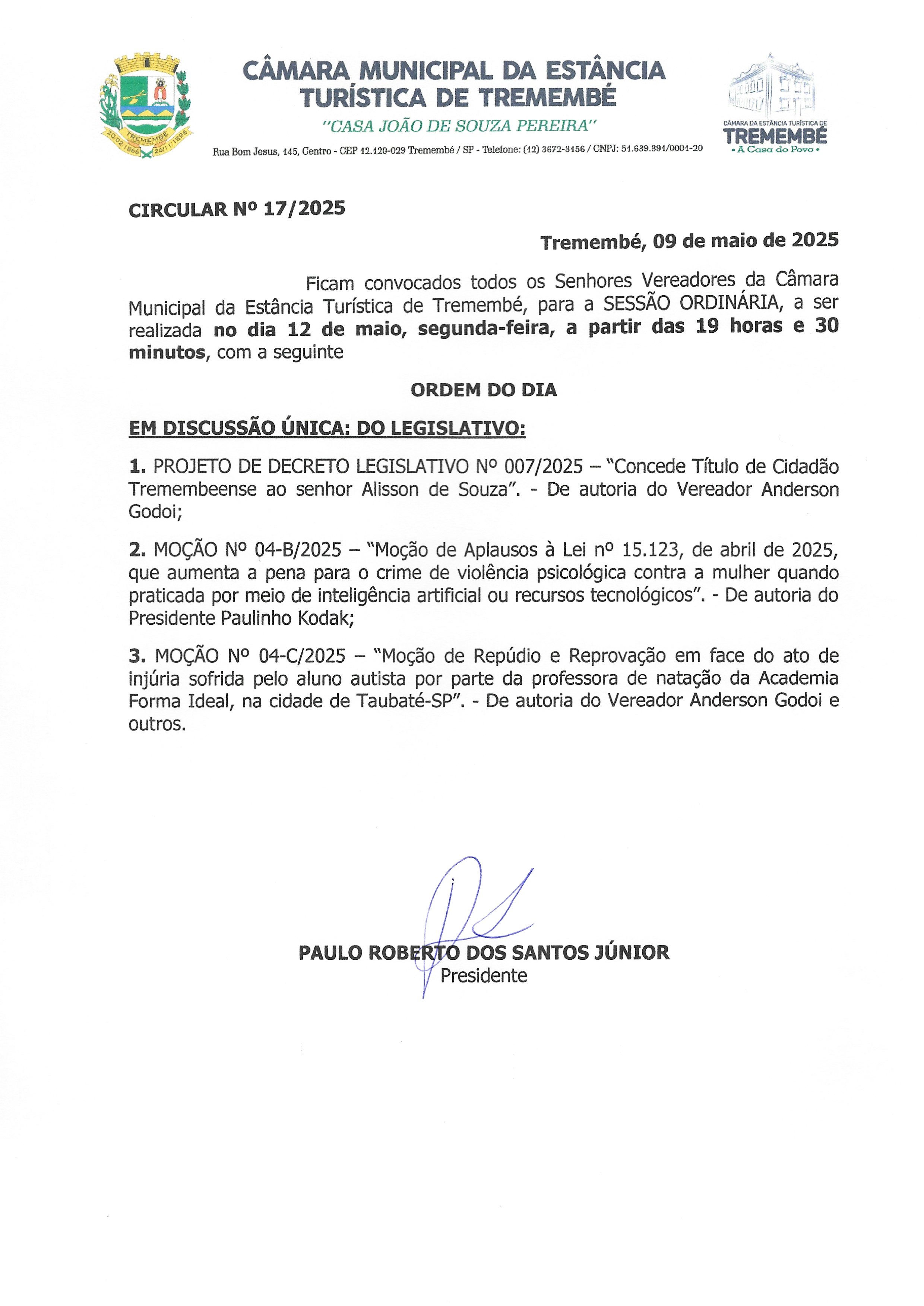 Pauta da 17ª Sessão Ordinária - 12/05/2025