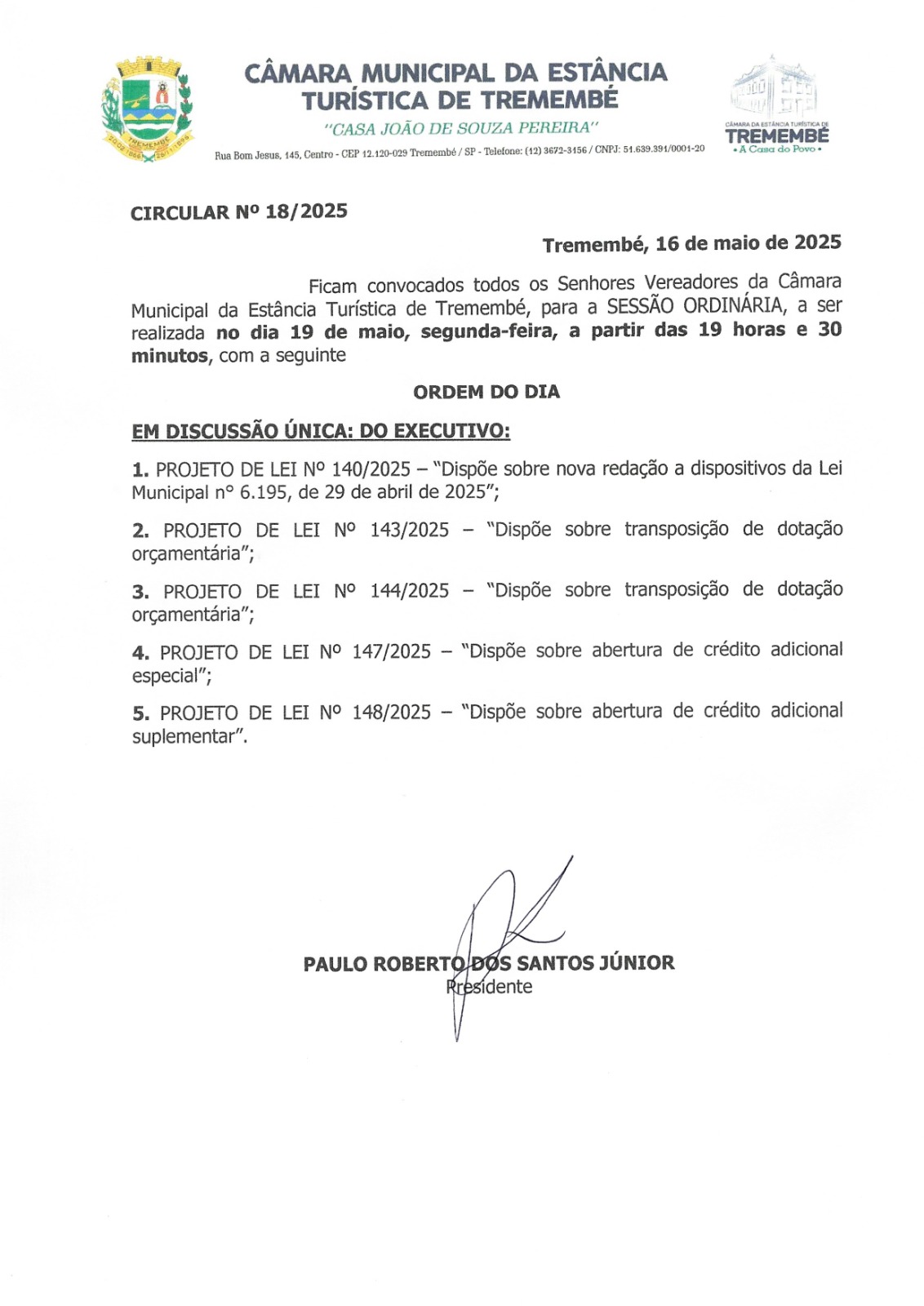 Pauta da 18ª Sessão Ordinária - 19/05/2025