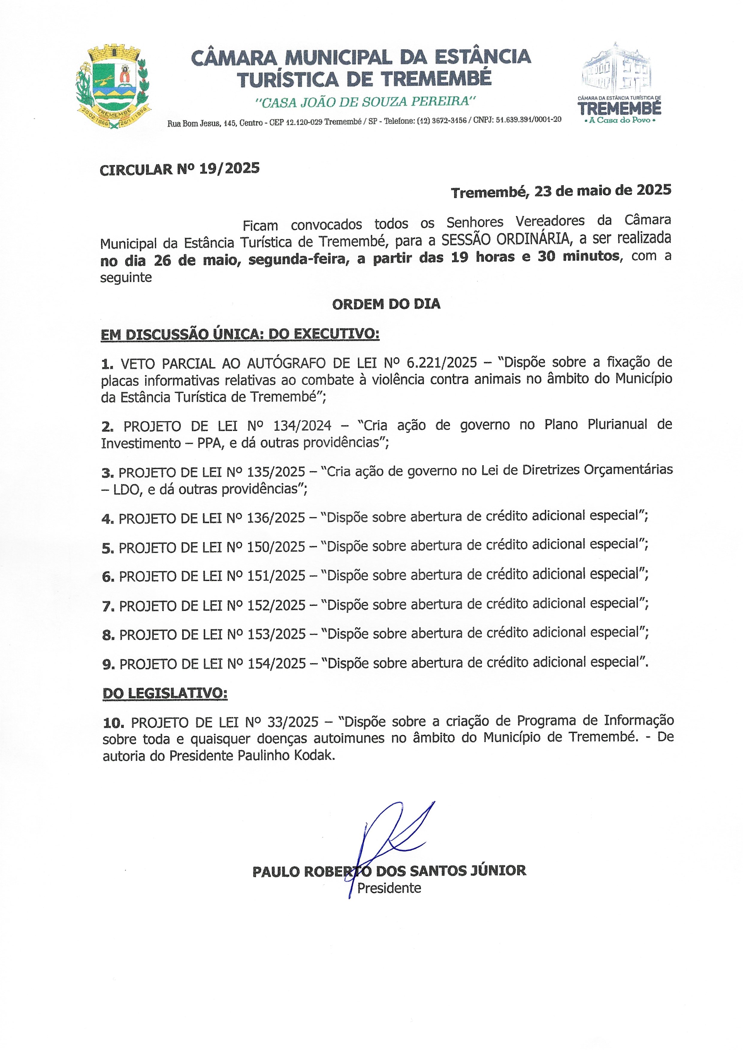 Pauta da 19ª Sessão Ordinária - 26/05/2025