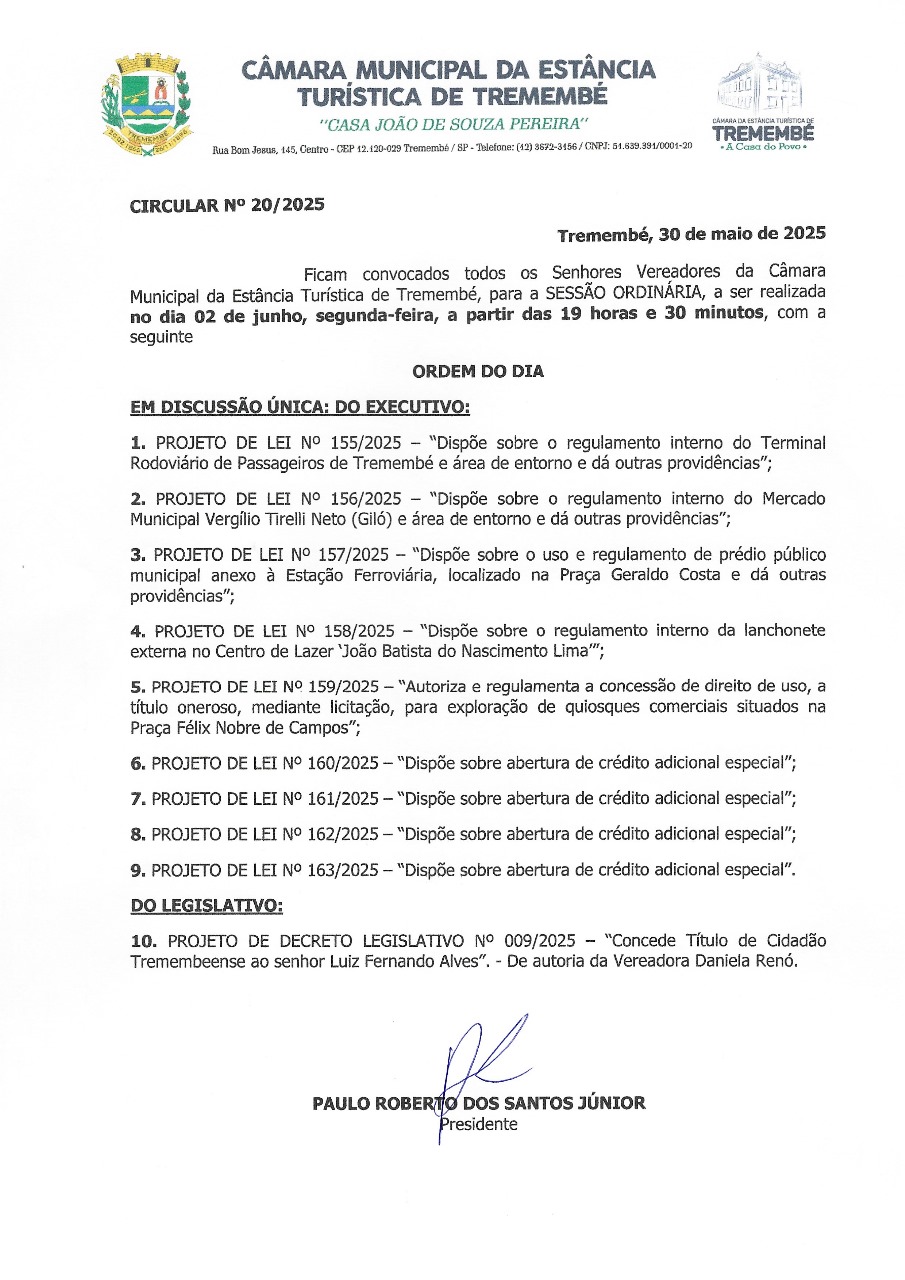 Pauta da 20ª Sessão Ordinária - 02/06/2025