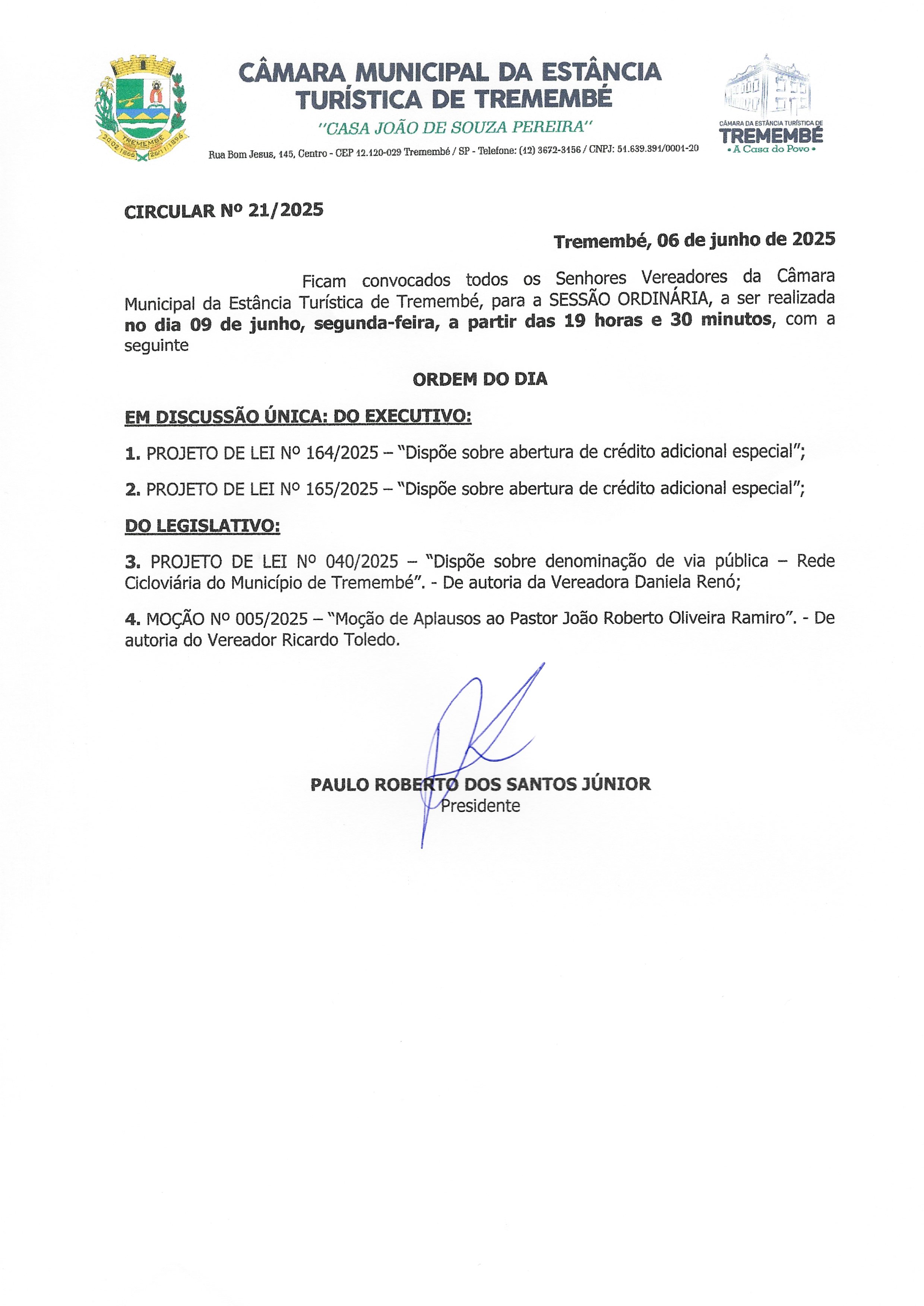 Pauta da 21ª Sessão Ordinária - 09/06/2025