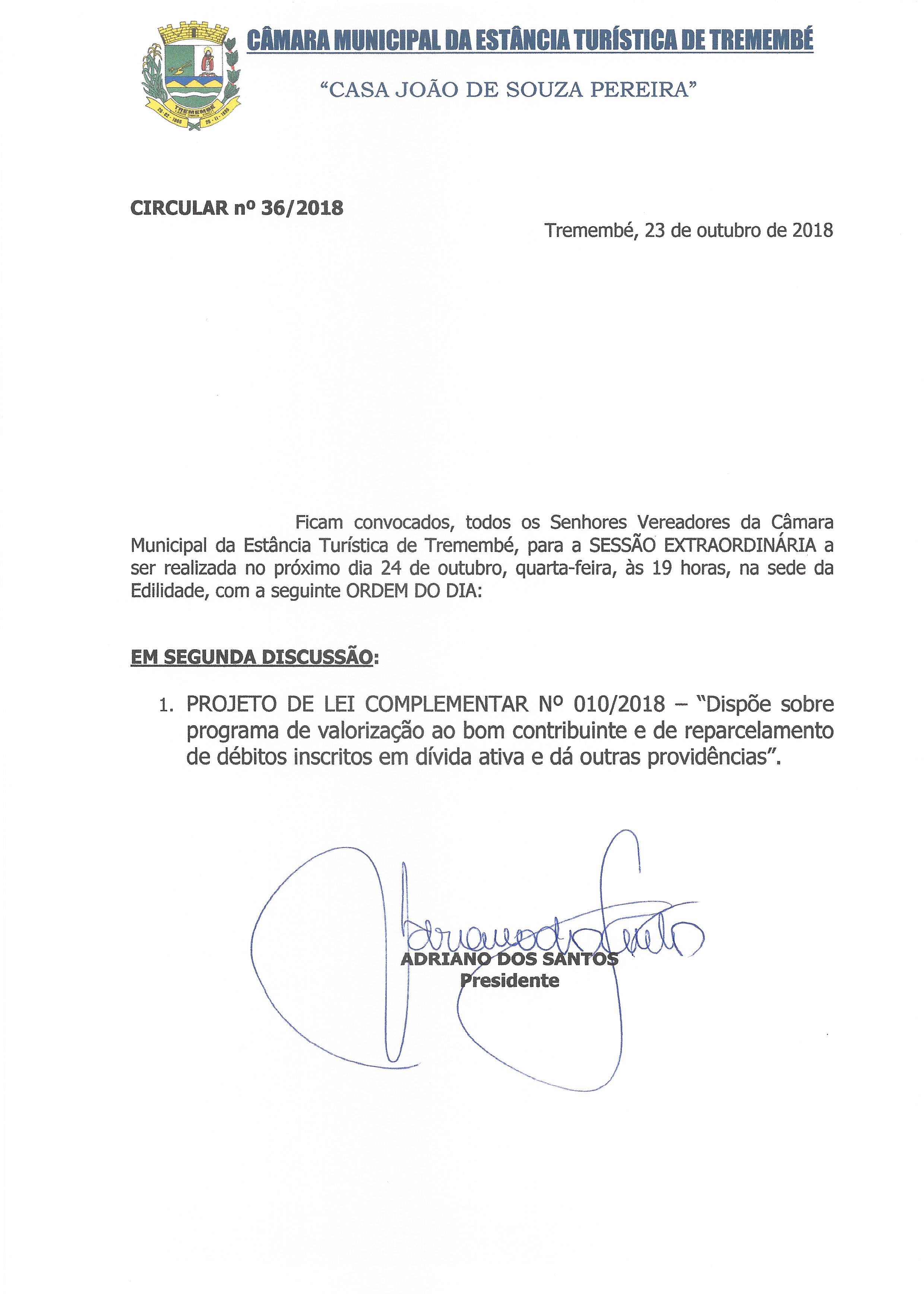 Pauta da 21° Sessão Extraordinária - 24-10-2018