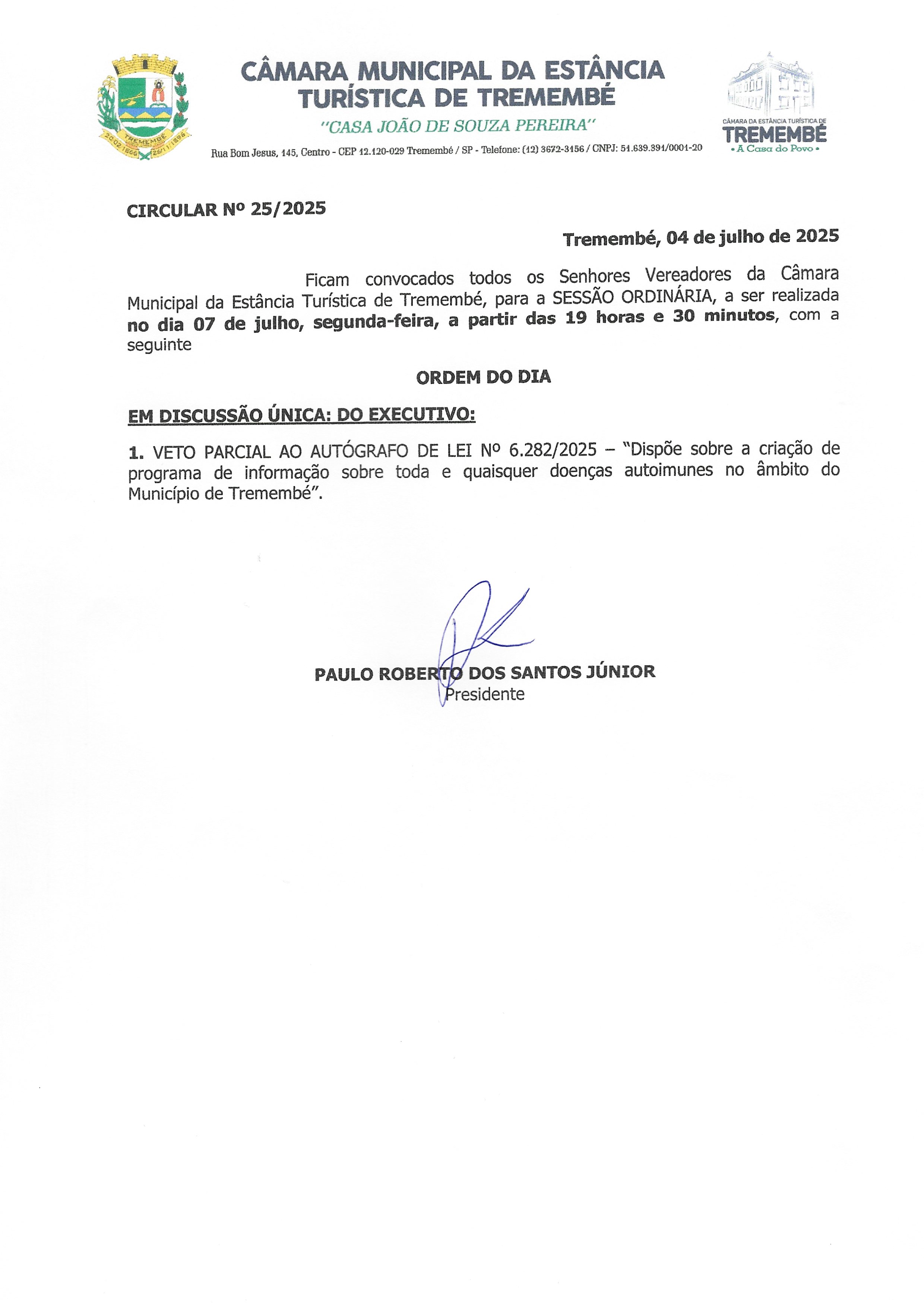 Pauta da 25ª Sessão Ordinária - 07/07/2025