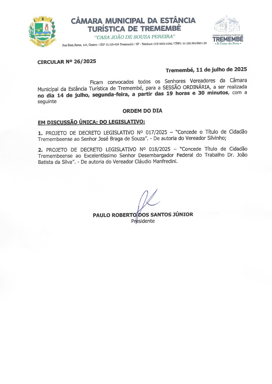 Pauta da 26ª Sessão Ordinária - 14/07/2025