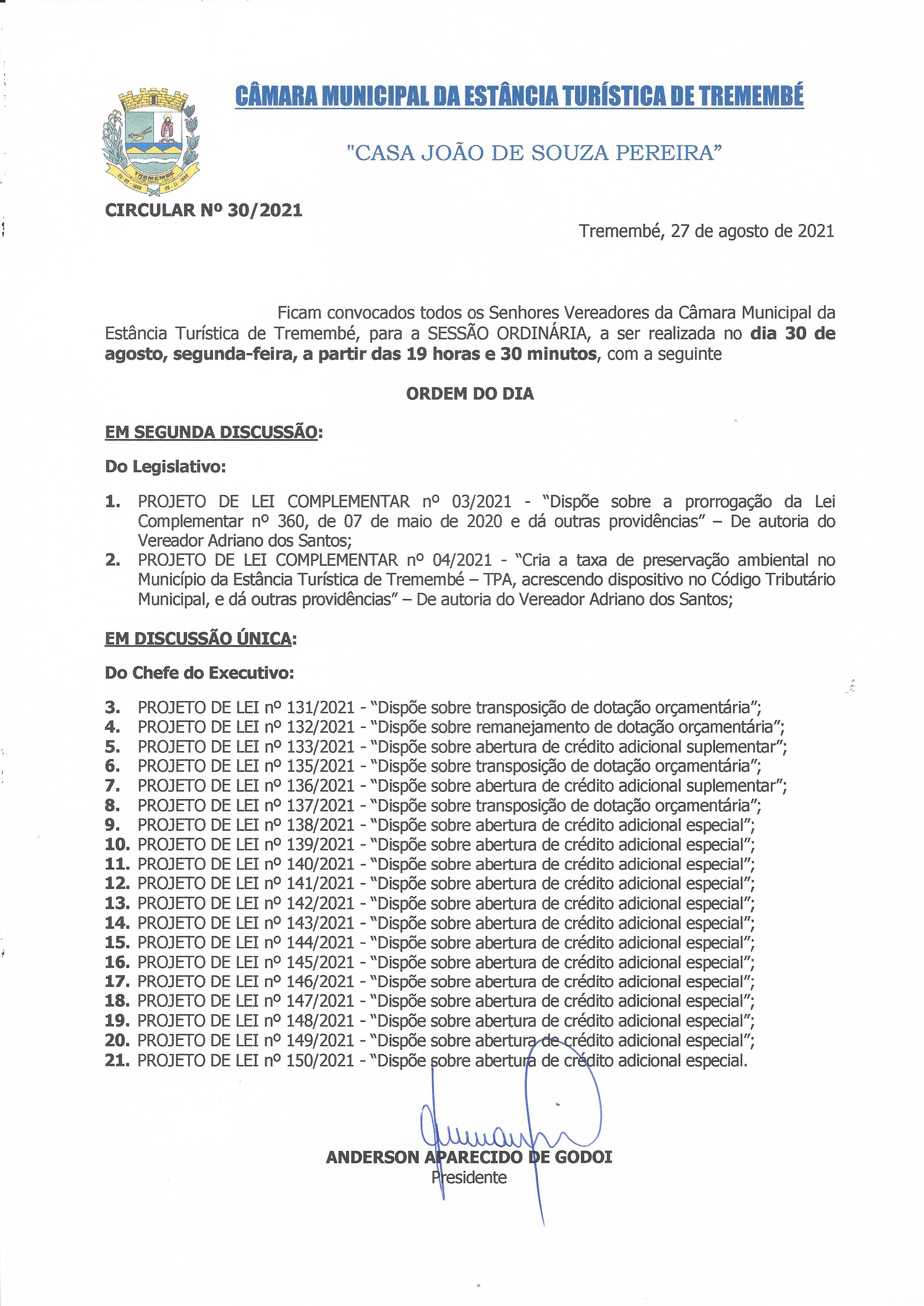 Pauta da 27ª Sessão Ordinária - 30/08/2021