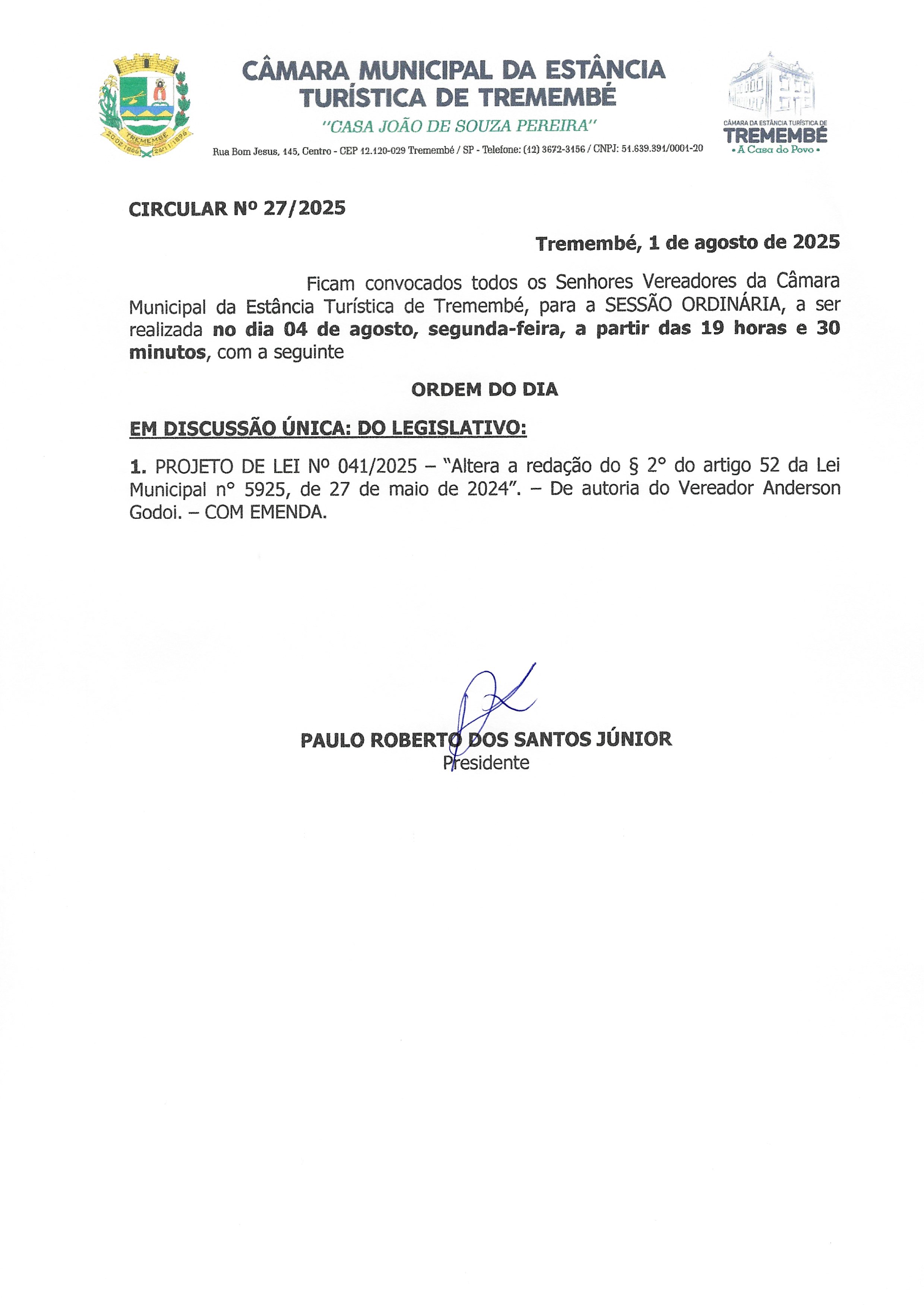 Pauta da 27° Sessão Ordinária 04/08/2025