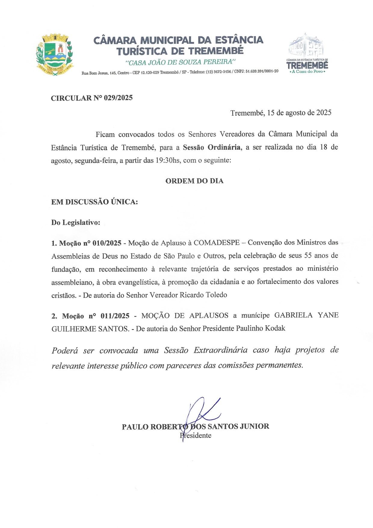 Pauta da 29° Sessão Ordinária 18/08/2025