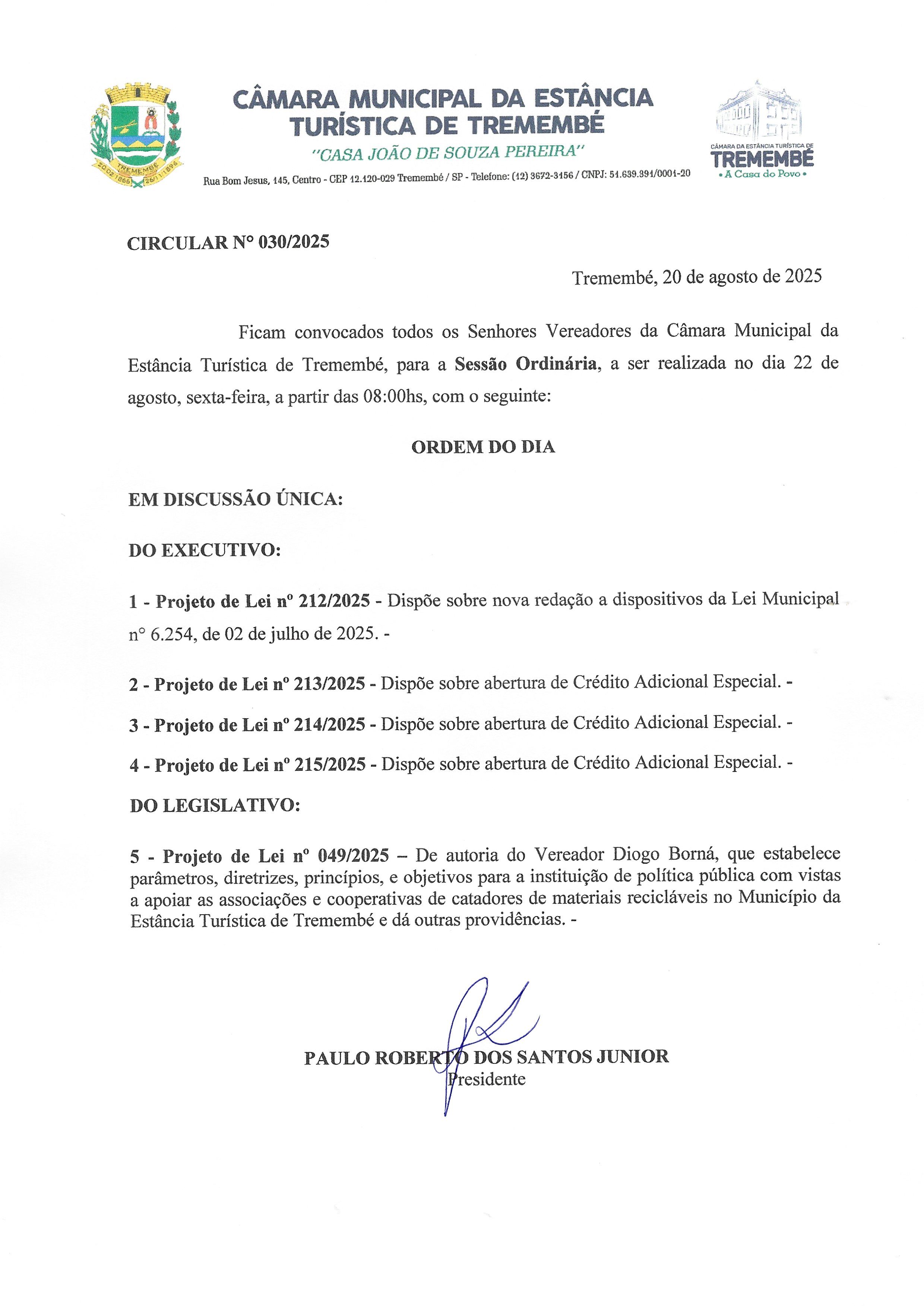 Pauta da 30° Sessão Ordinária 22/08/2025