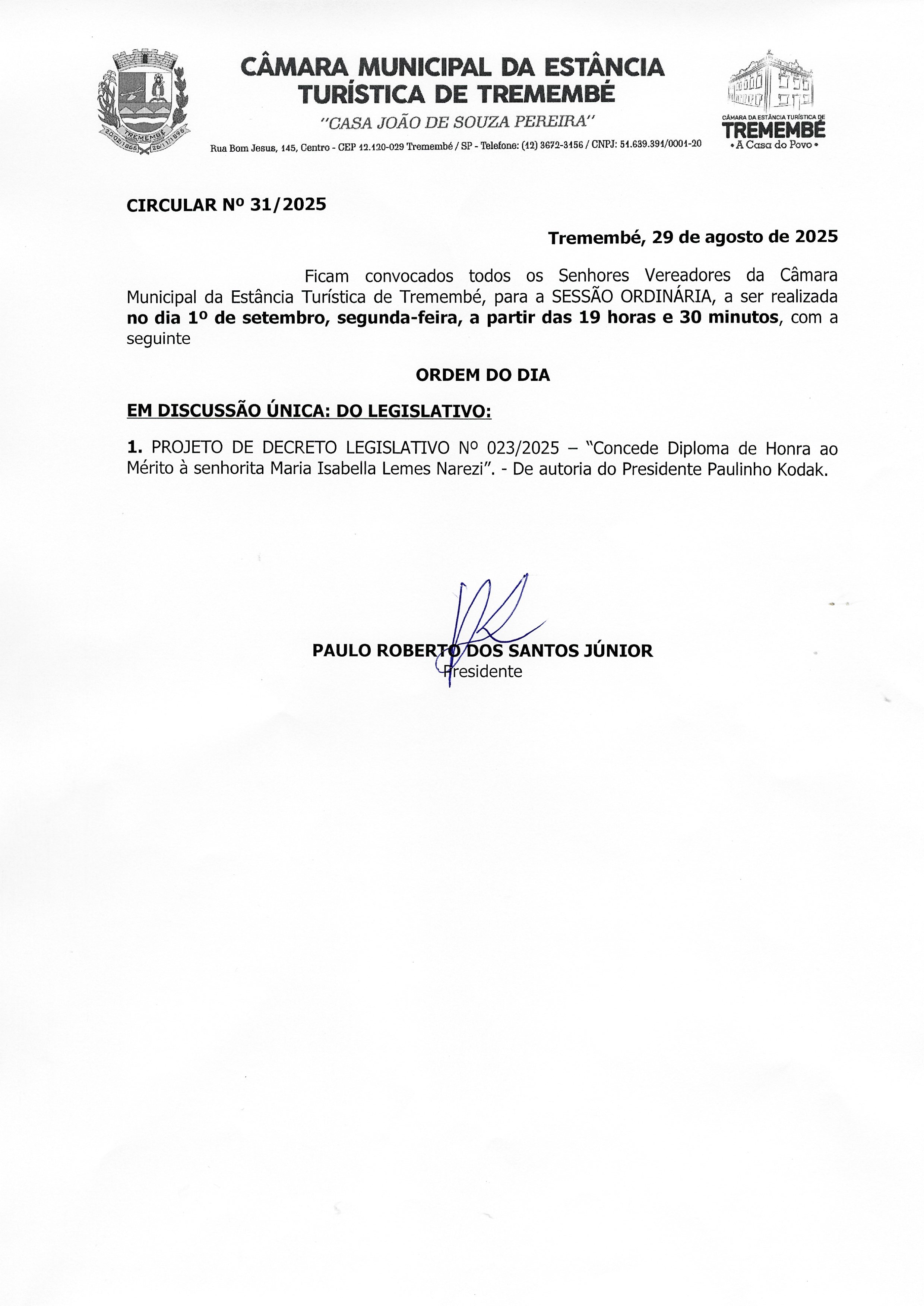 Pauta da 31ª Sessão Ordinária - 01/09/2025